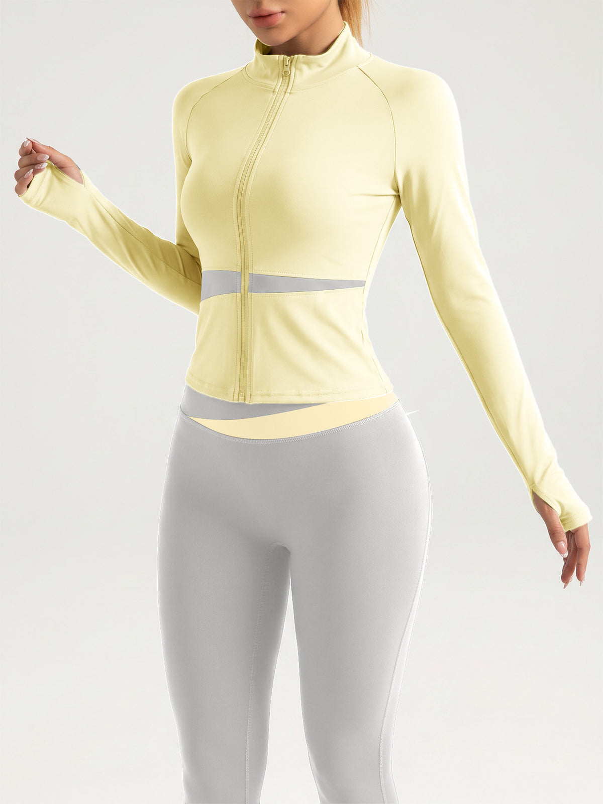 Contrast Zip Jacket & Lifting Leggings Set - Yellow & Light Grey