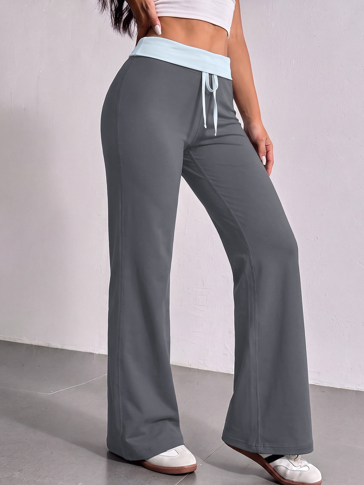 Contrast Waist Drawstring Straight Yoga Pants - Grey
