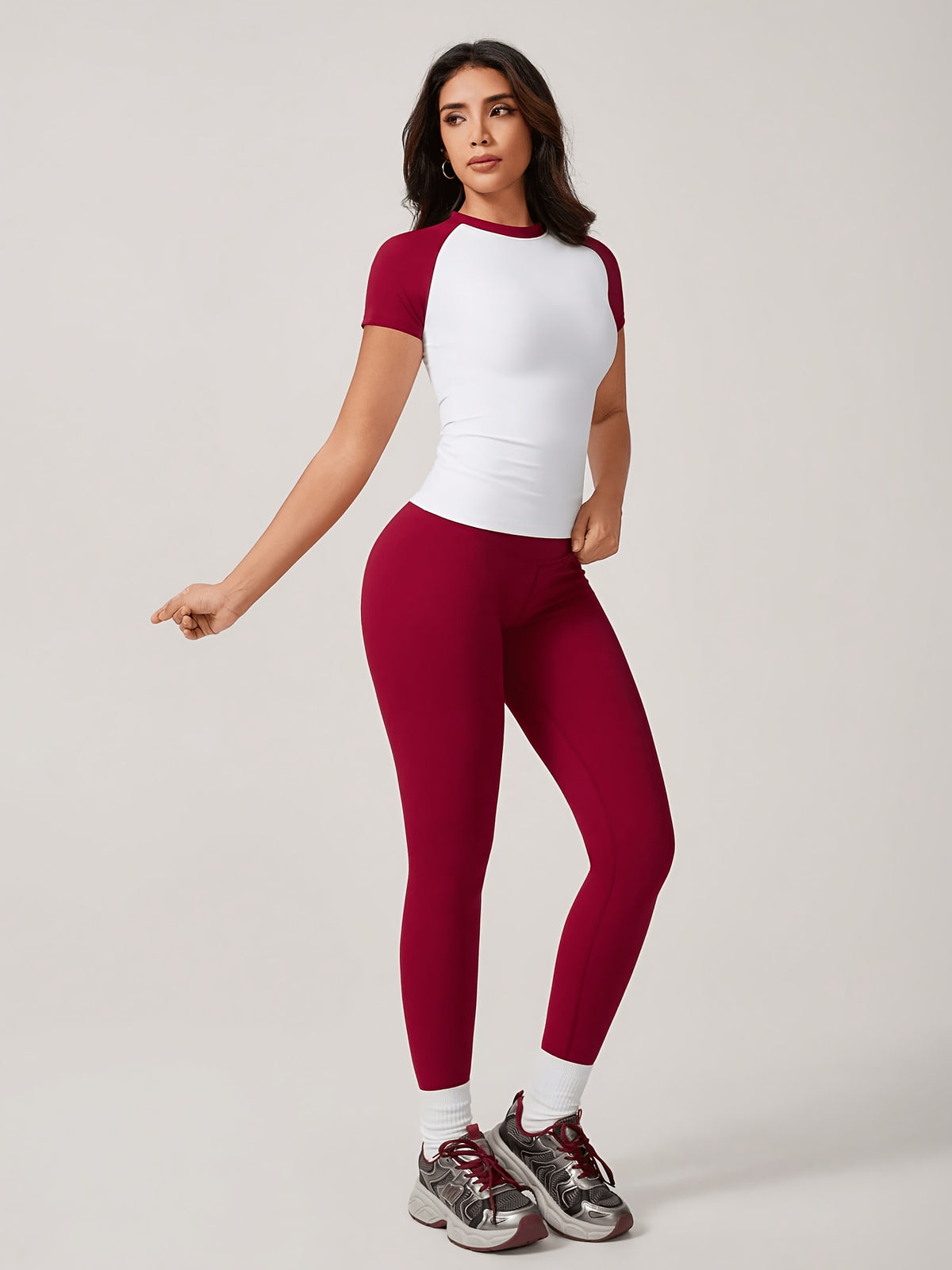 Colour Block Tee & Leggings Set - Red & White