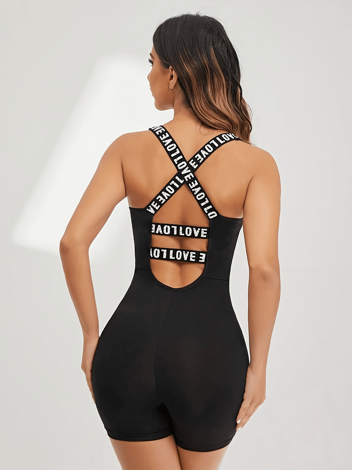 Backless Letter Cross Strap Jumpsuit - Black