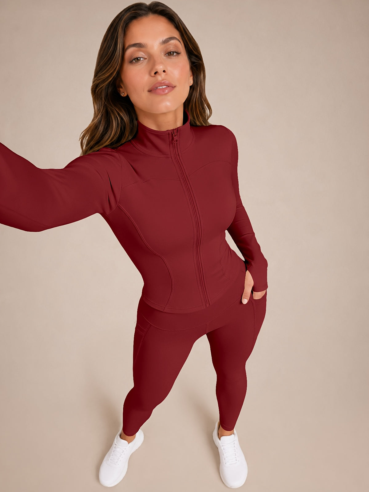 Stand Collar Jacket & Leggings Set - Burgundy