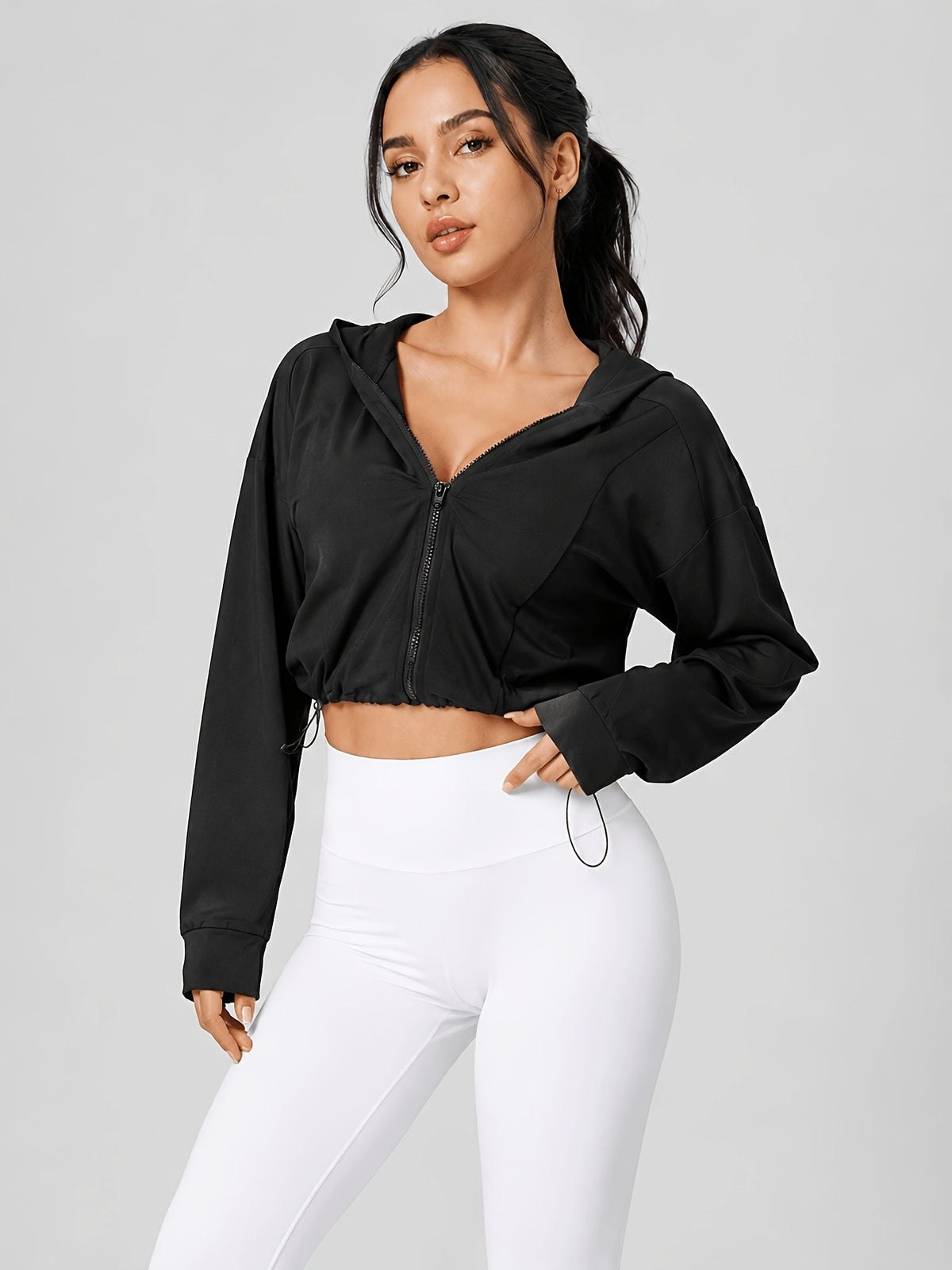Hooded Drawstring Hem Cropped Jacket - Black