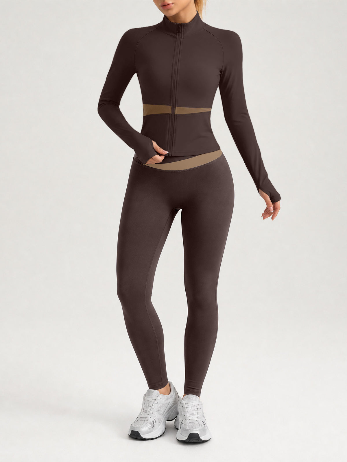 Contrast Zip Jacket & Lifting Leggings Set - Brown