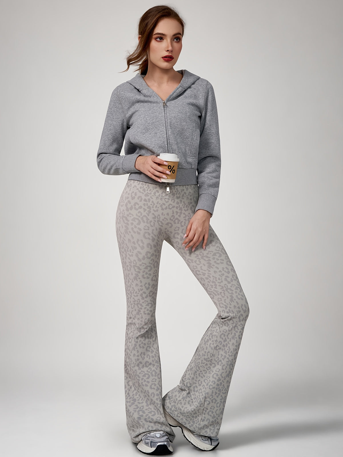 Leopard Print Flare Leggings - Light Grey