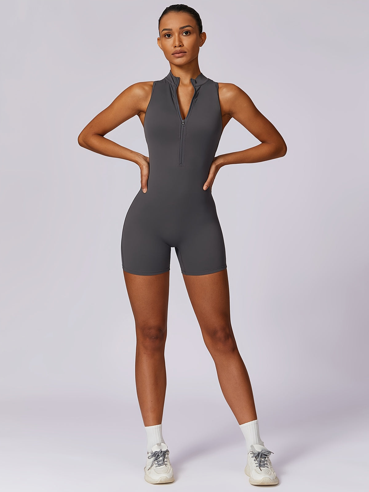 Zip Front Short Yoga Jumpsuit - Lead Grey