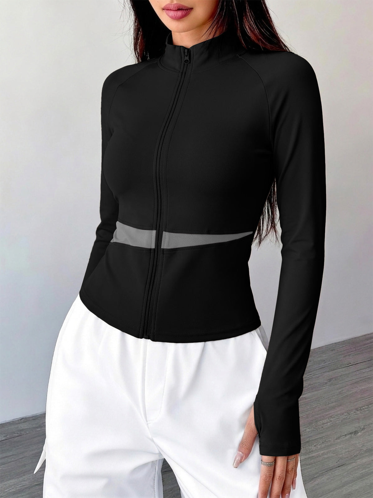 Spliced Full Zip Thumb Loop Top - Black