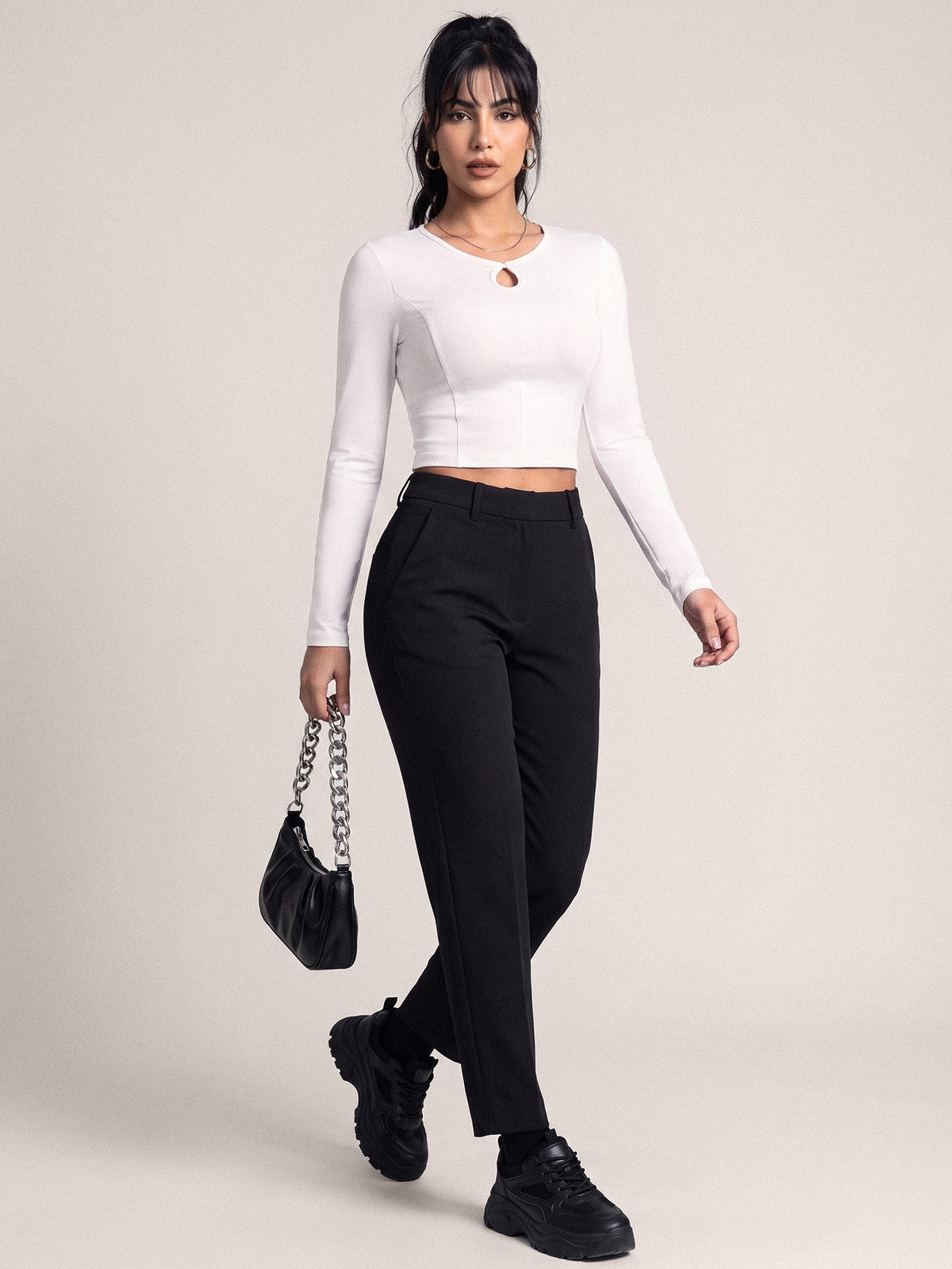 Keyhole Long Sleeve Crop Top - White