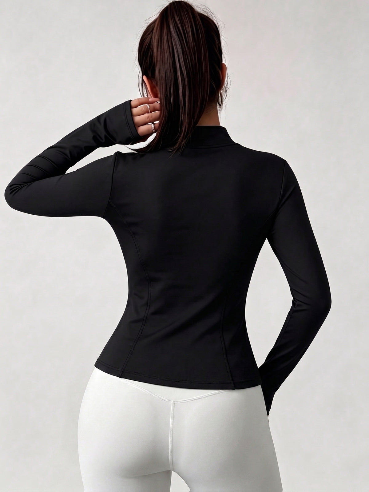 High Neck Thumbhole Zip Jacket - Black