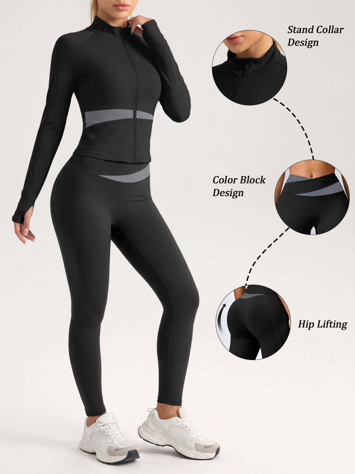 Contrast Zip Jacket & Lifting Leggings Set - Black