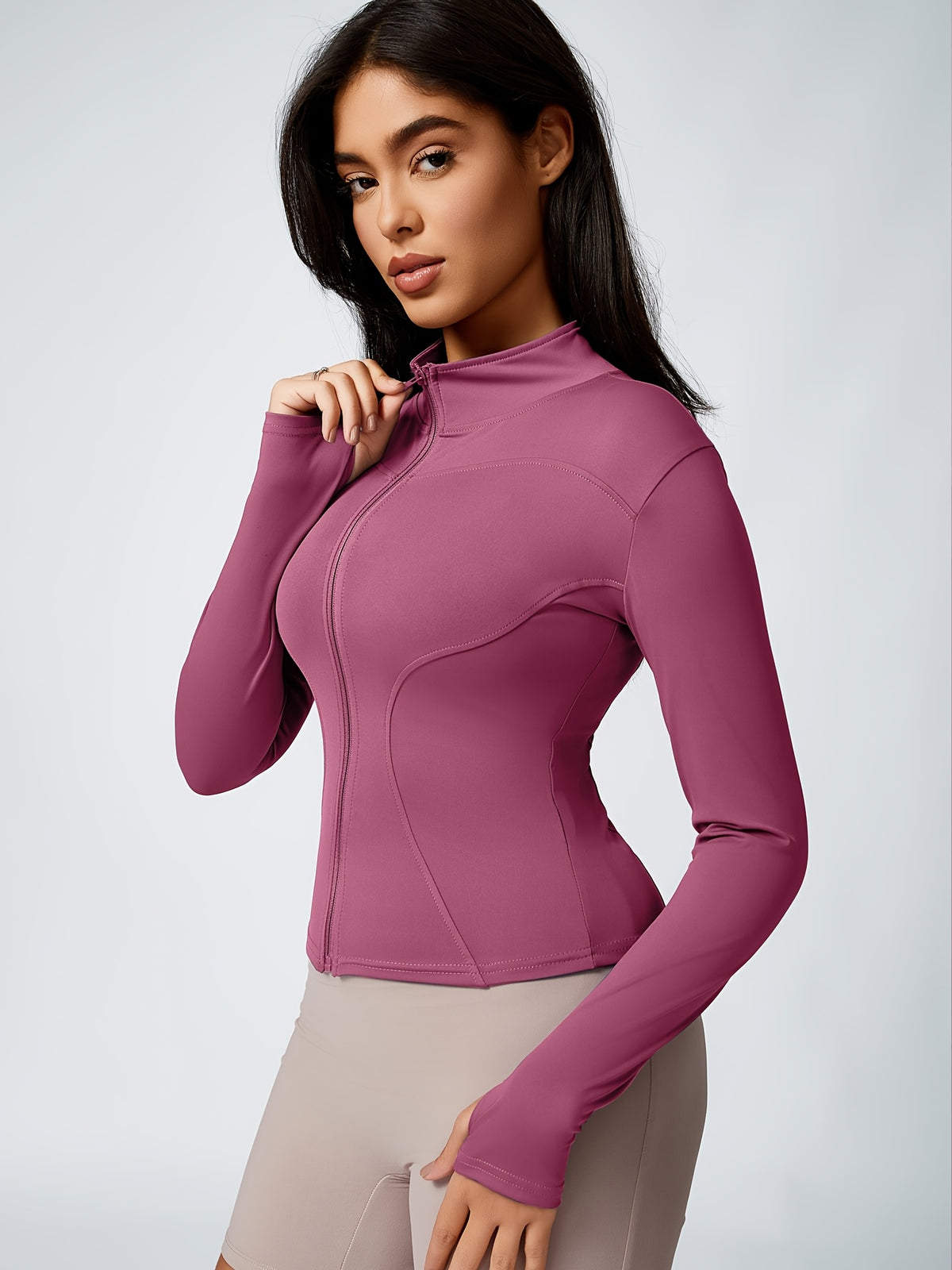 Stand Collar Thumbhole Zip Top - Rose
