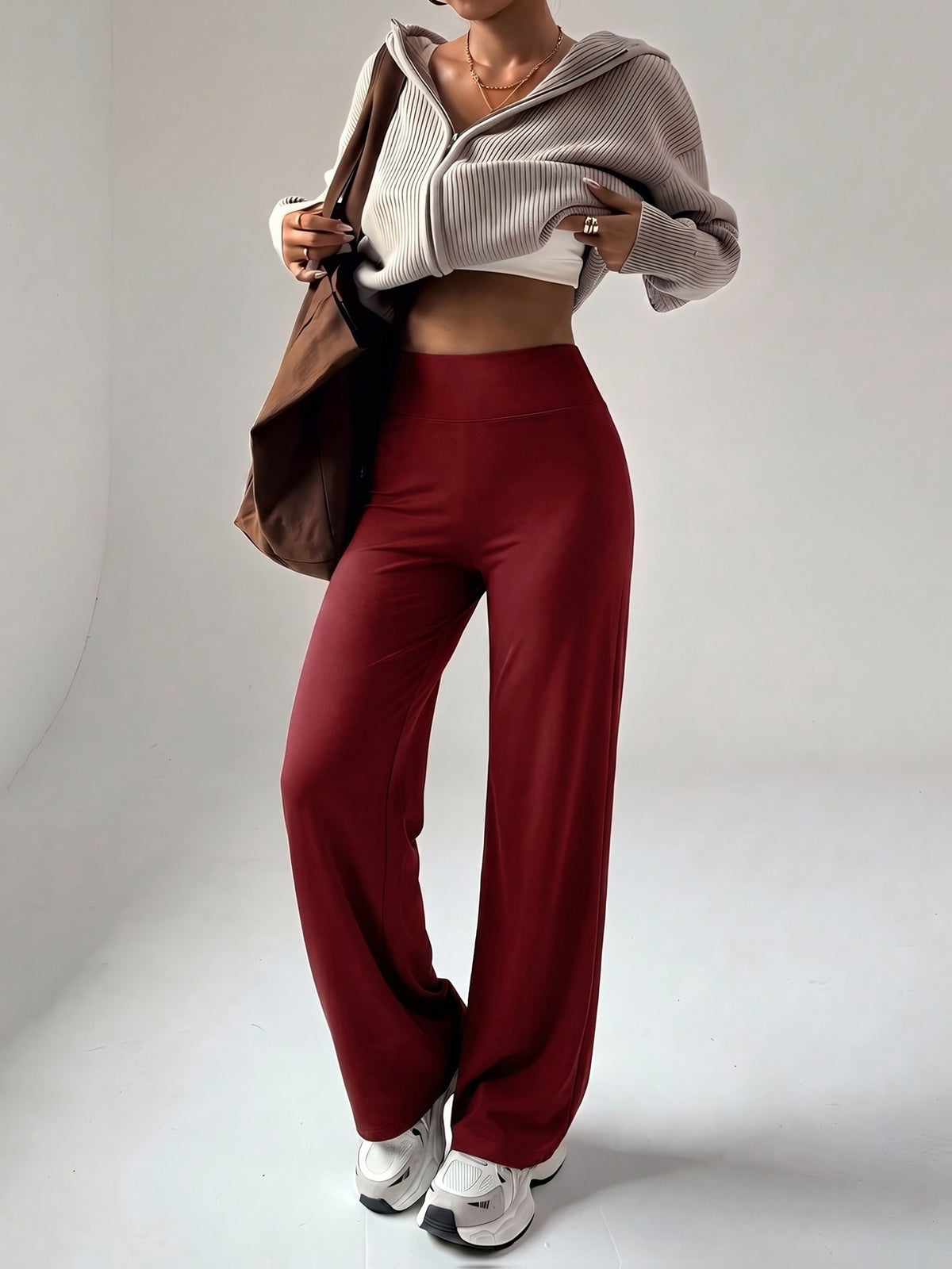Wide Band Draped Straight Leg Pants - Burgundy