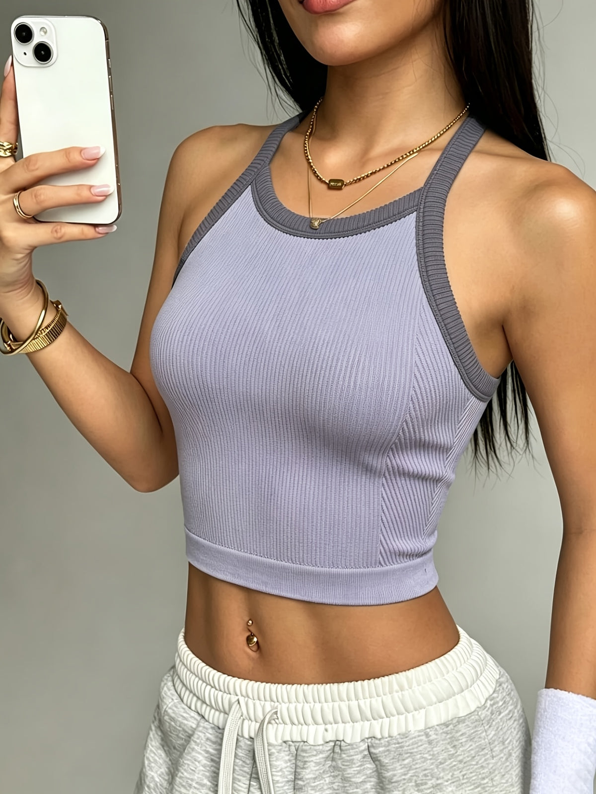 Contrast Panel Yoga Vest Bra - Lavender