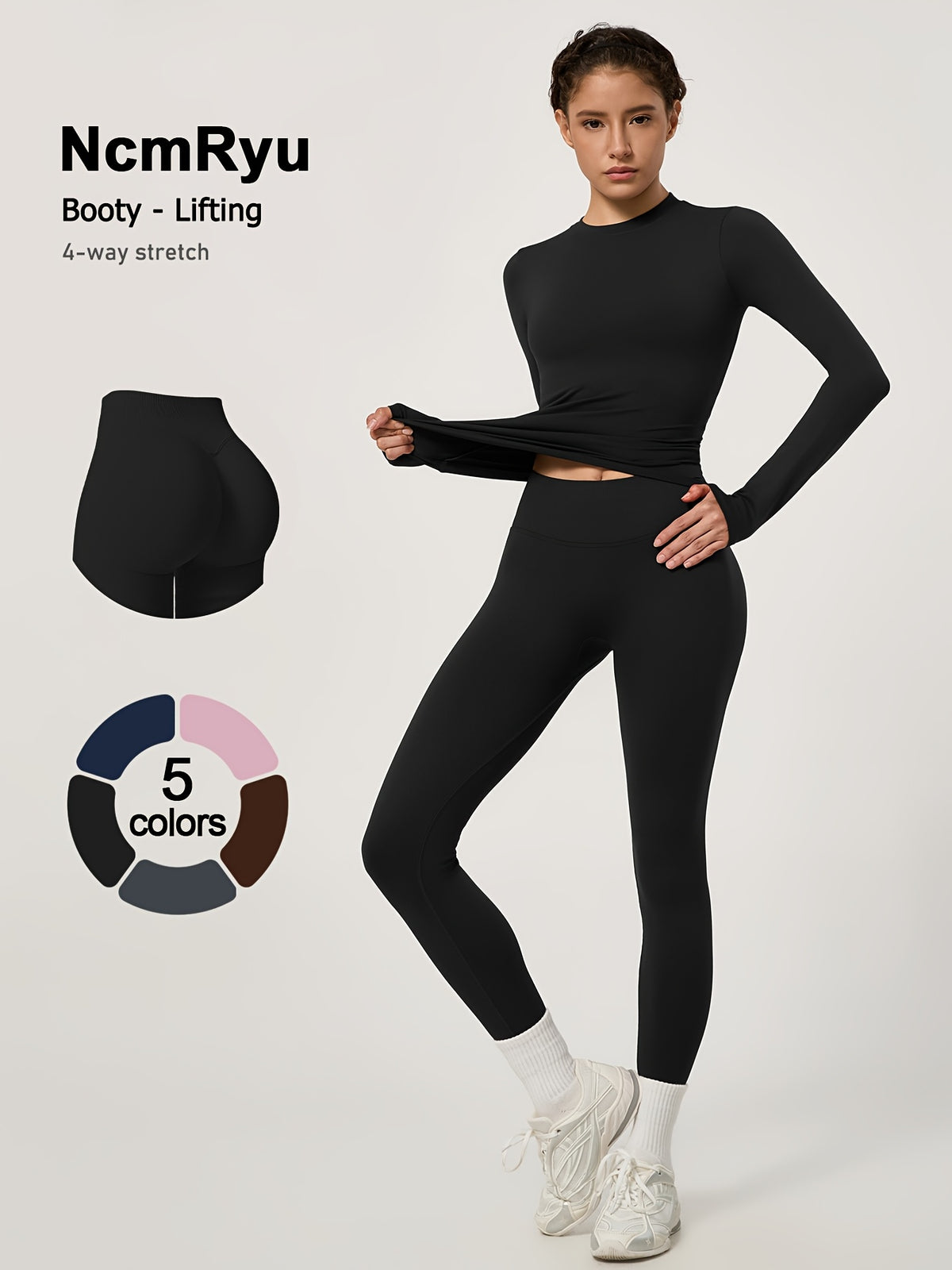 Long Sleeve Top & Seamless Leggings Set - Black