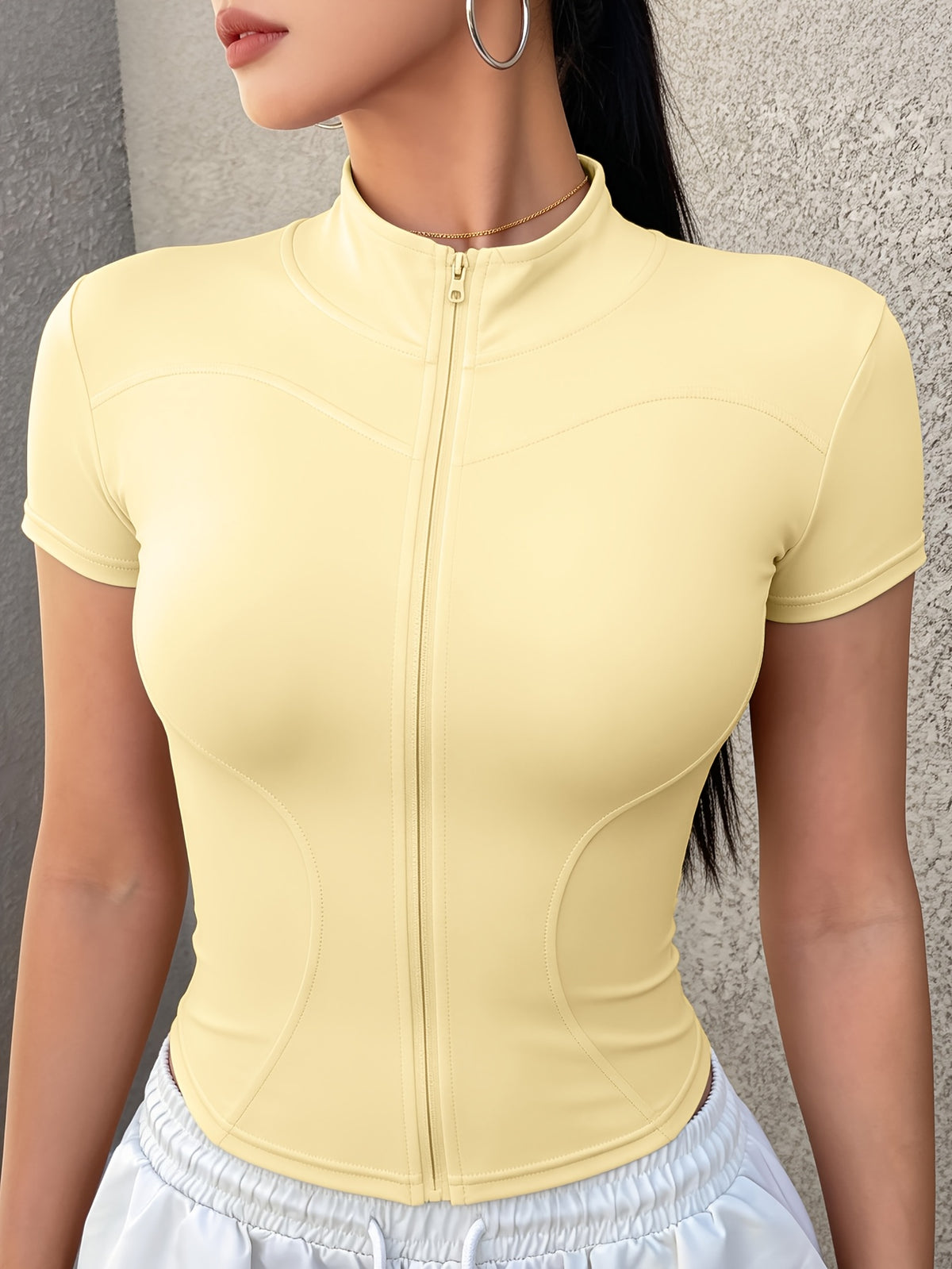 Short Sleeve Zip Cropped Yoga Jacket - Yellow