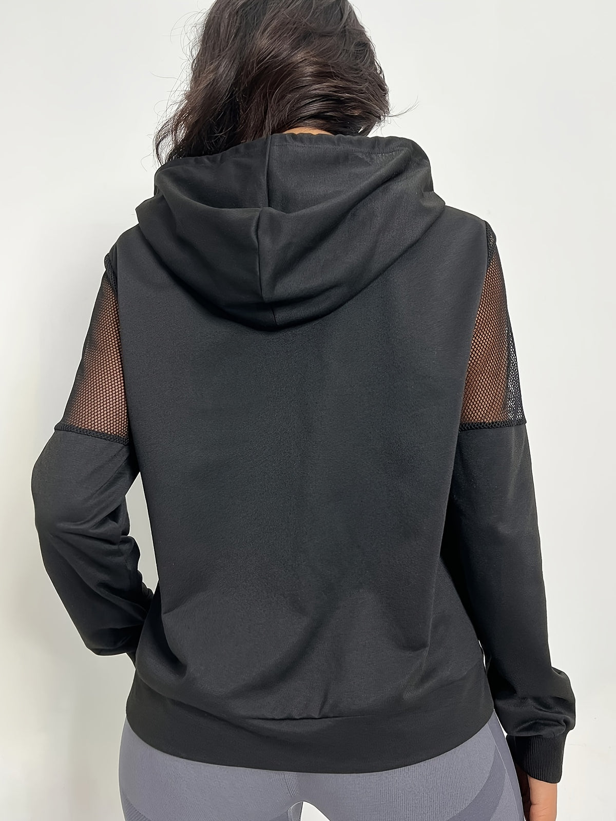 Mesh Splice Ribbed Cuff Hoodie - Black