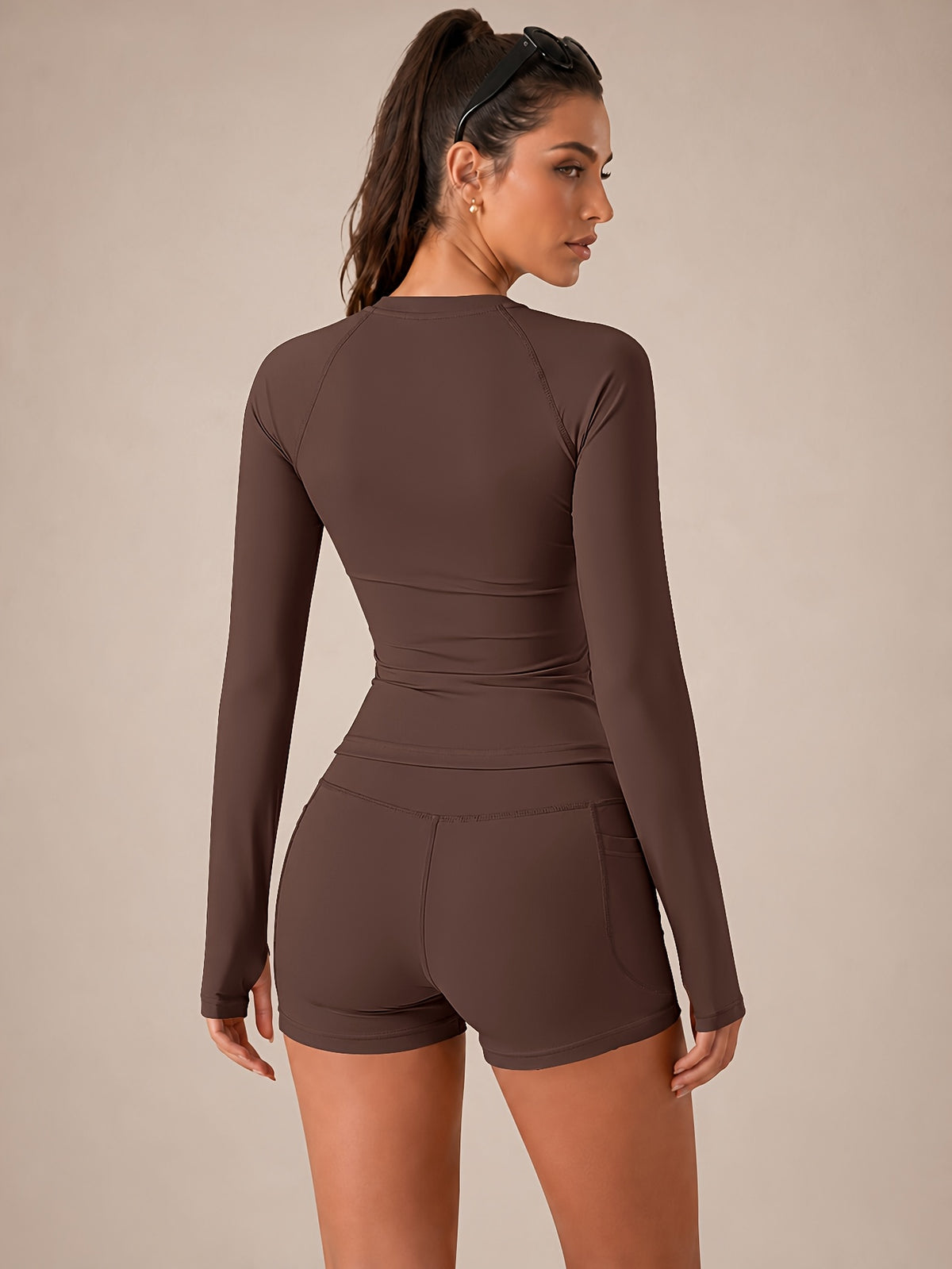 Raglan Thumbhole Top & Pocket Shorts Set - Brown