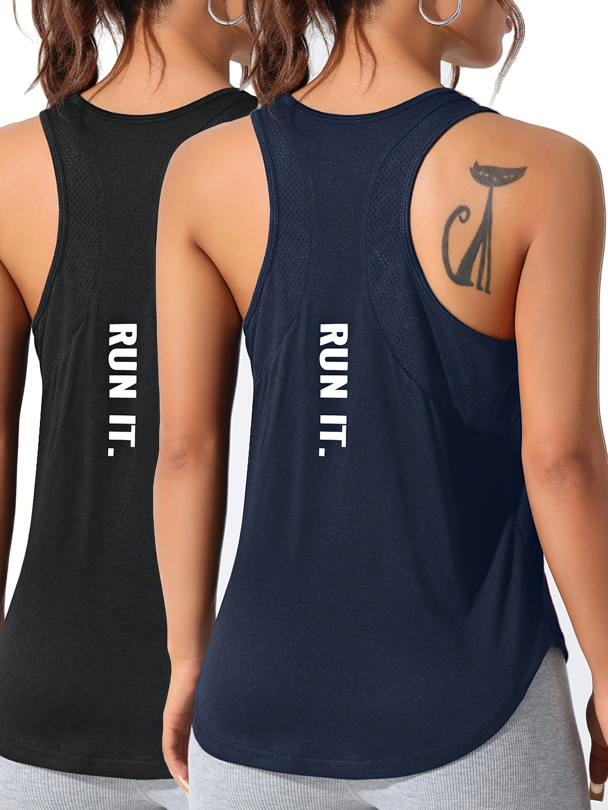 Mesh Panel Letter Print Tee & Vest Set - Black & Dark Blue