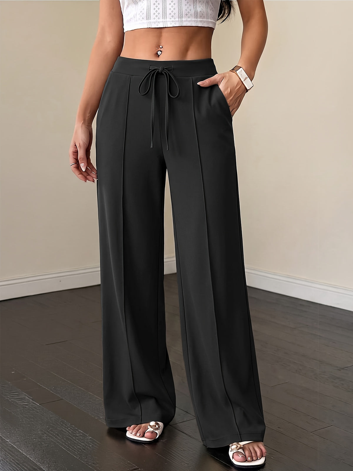 Drawstring Flowy Wide Leg Pants - Black