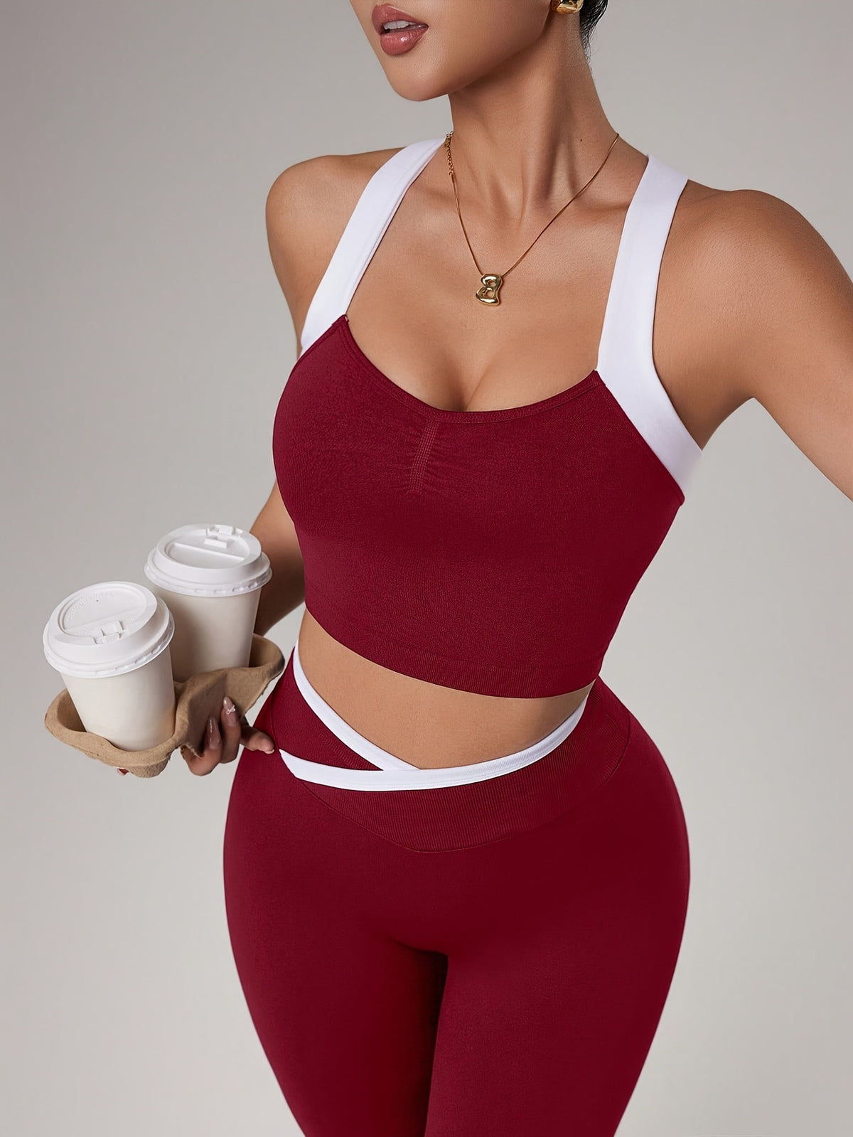 Cross Strap Bra & Leggings Set - Burgundy