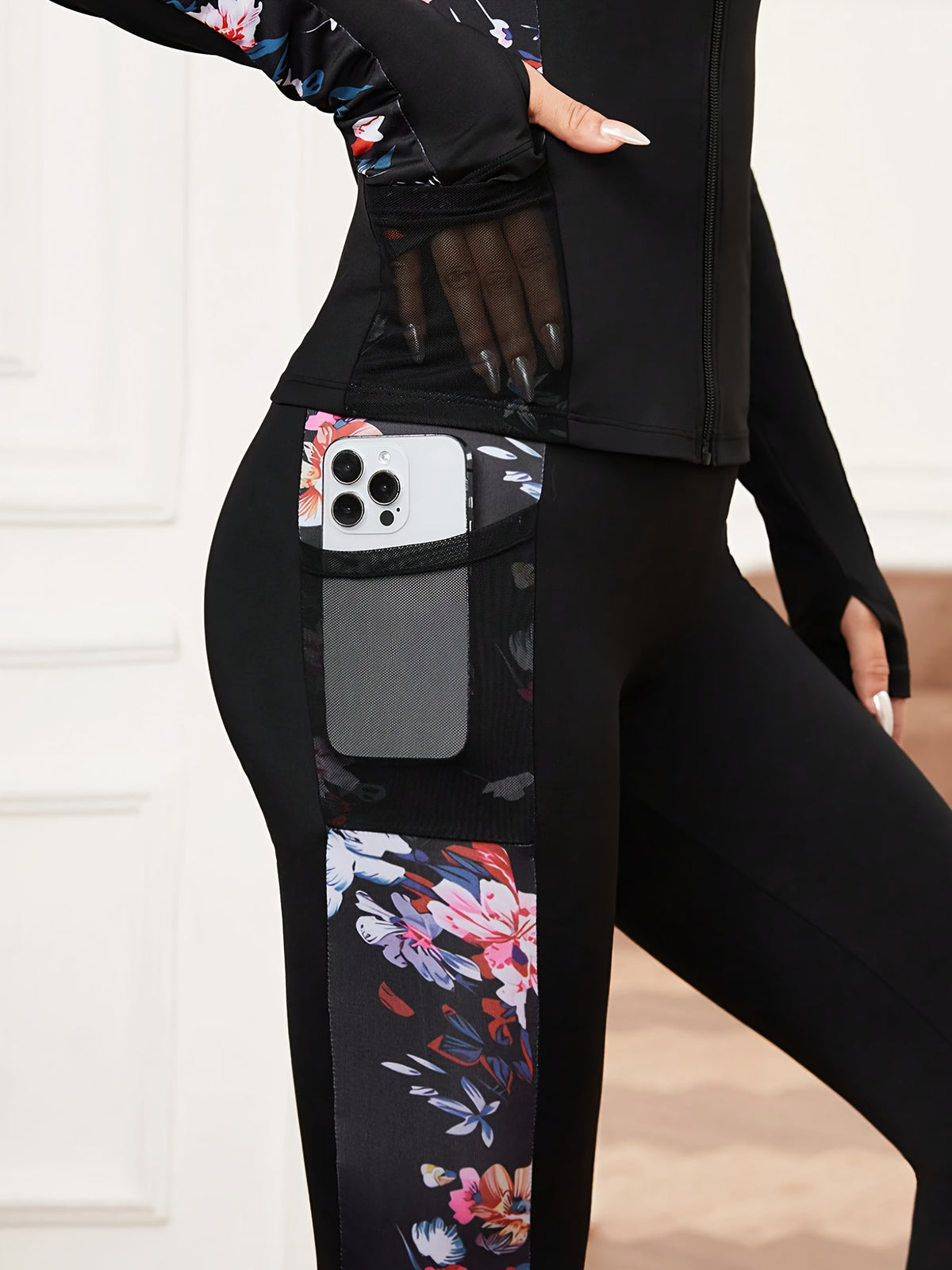 Full Zip Thumbhole Mesh Panel Tracksuit Set - Black Print