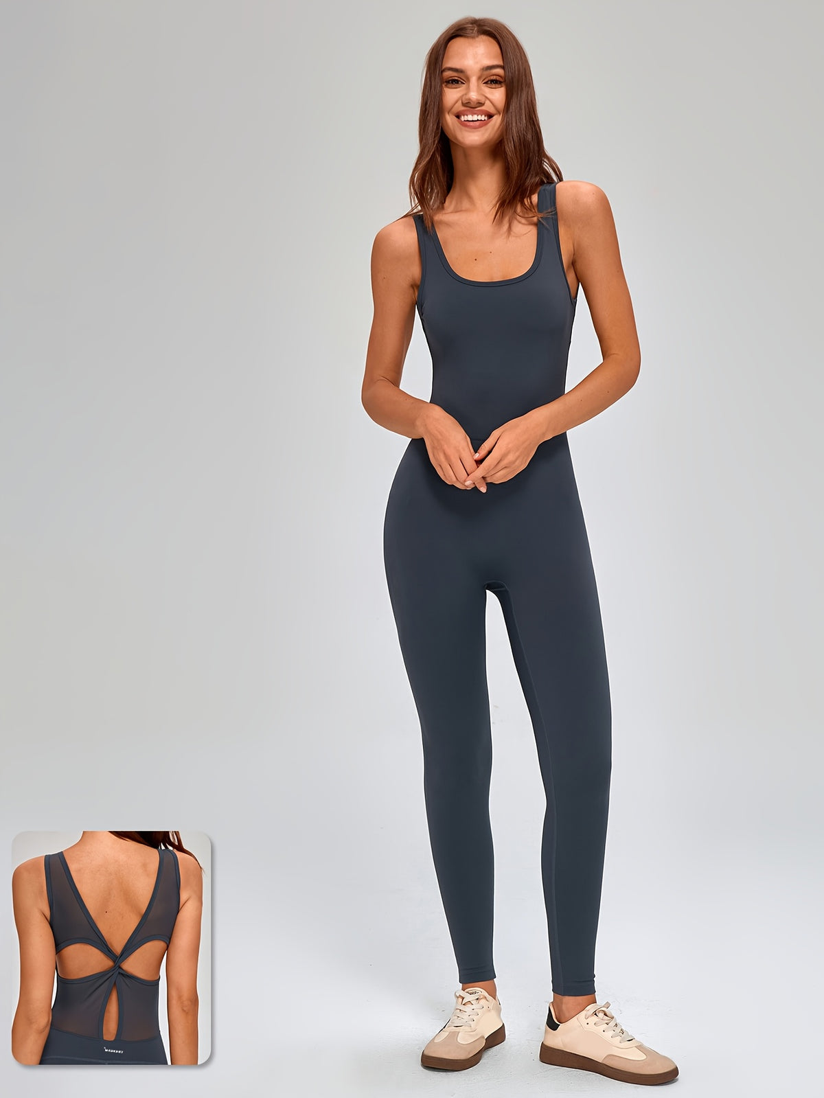 Square Neck Cross Back Jumpsuit - Navy