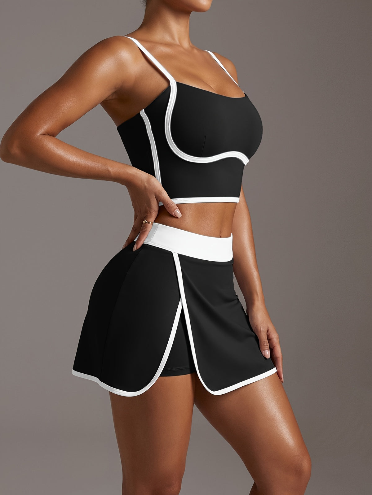 Linear Cami Bra & Mini Skirt Set - Black