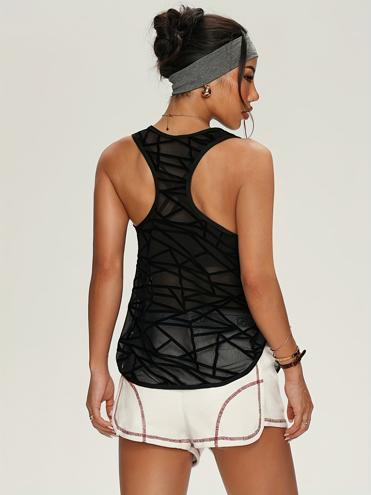 Geometric Mesh Sports Tank Top - Black