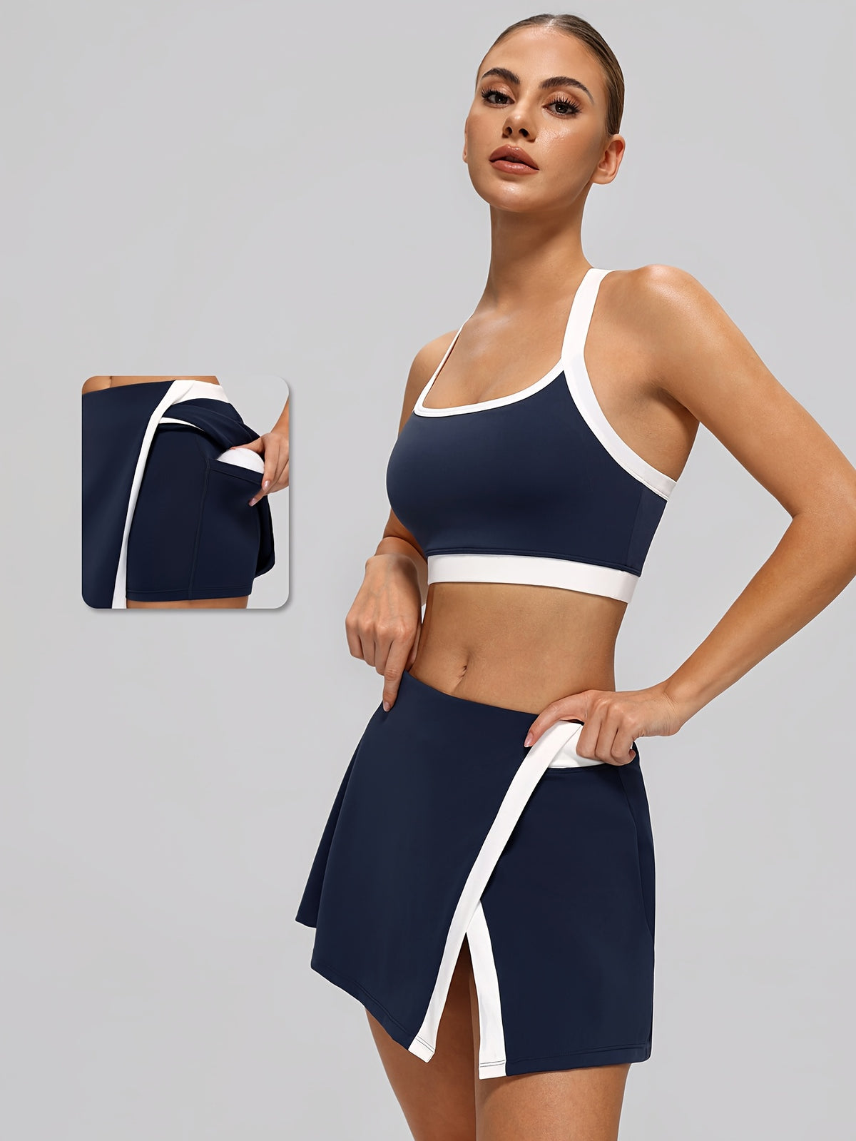 Tennis Bra & Slit Skirt Set - Navy