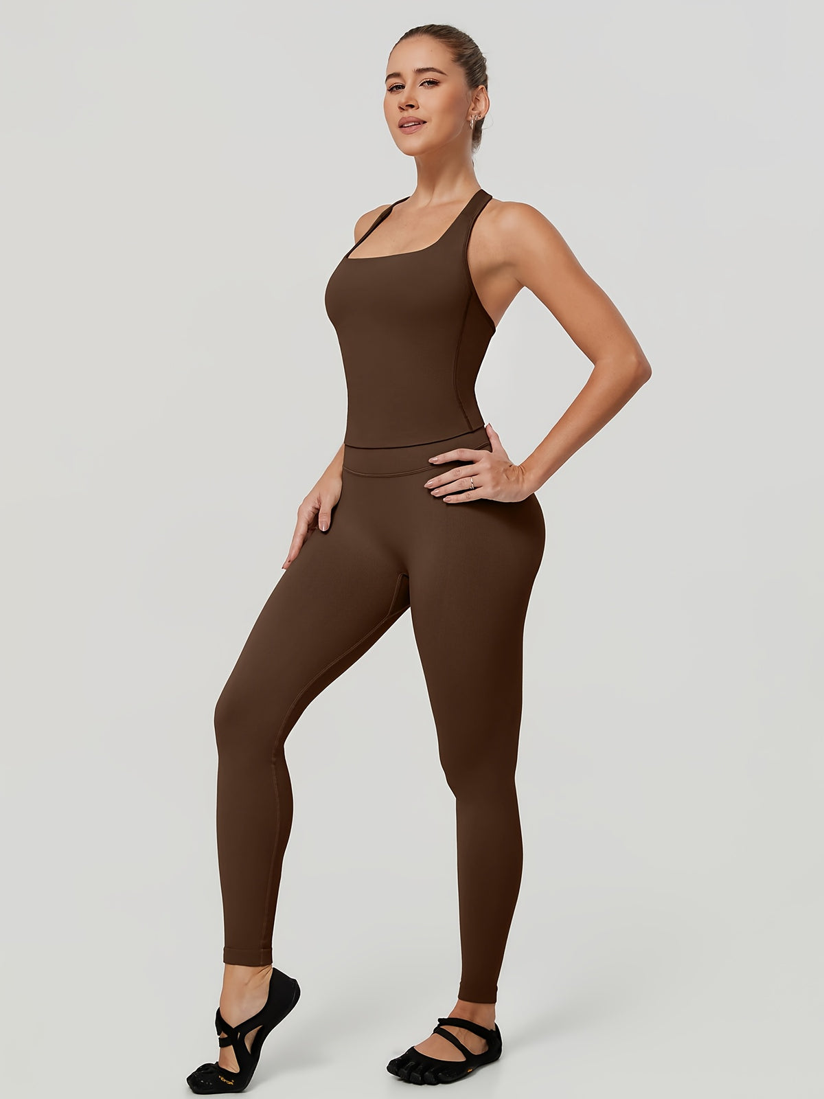 Square Neck Halter Tank & Leggings Set - Mocha Brown