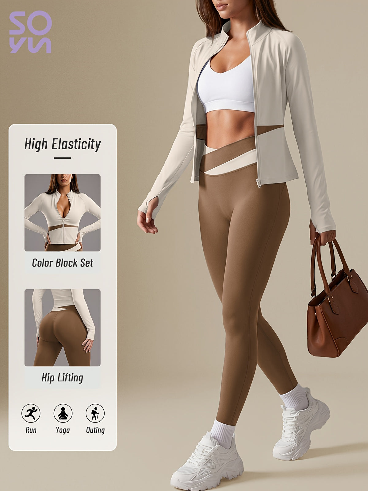 Color Block Cardigan Jacket & Slim Pants Set - Ivory White & Linen
