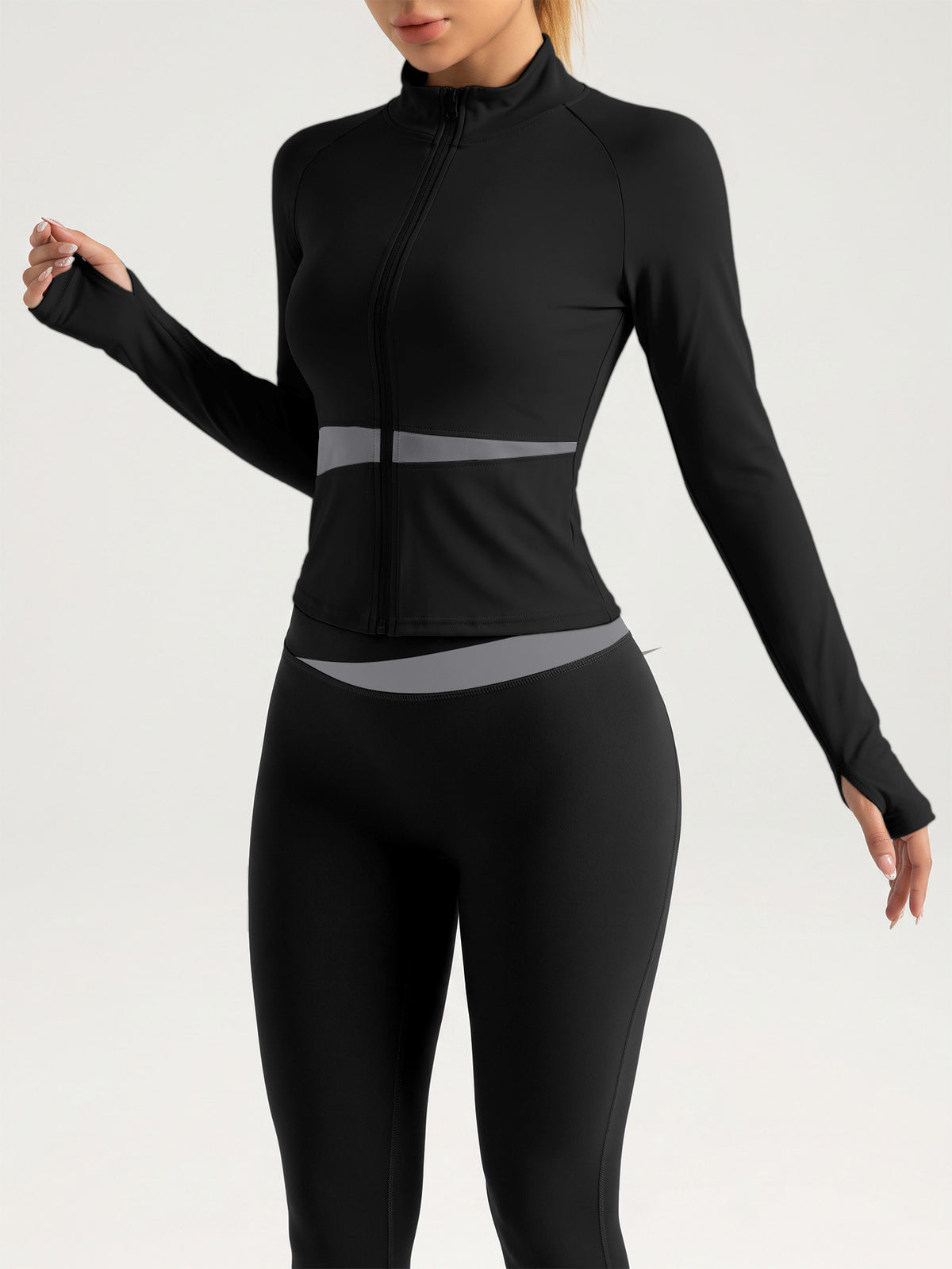 Contrast Zip Jacket & Lifting Leggings Set - Black