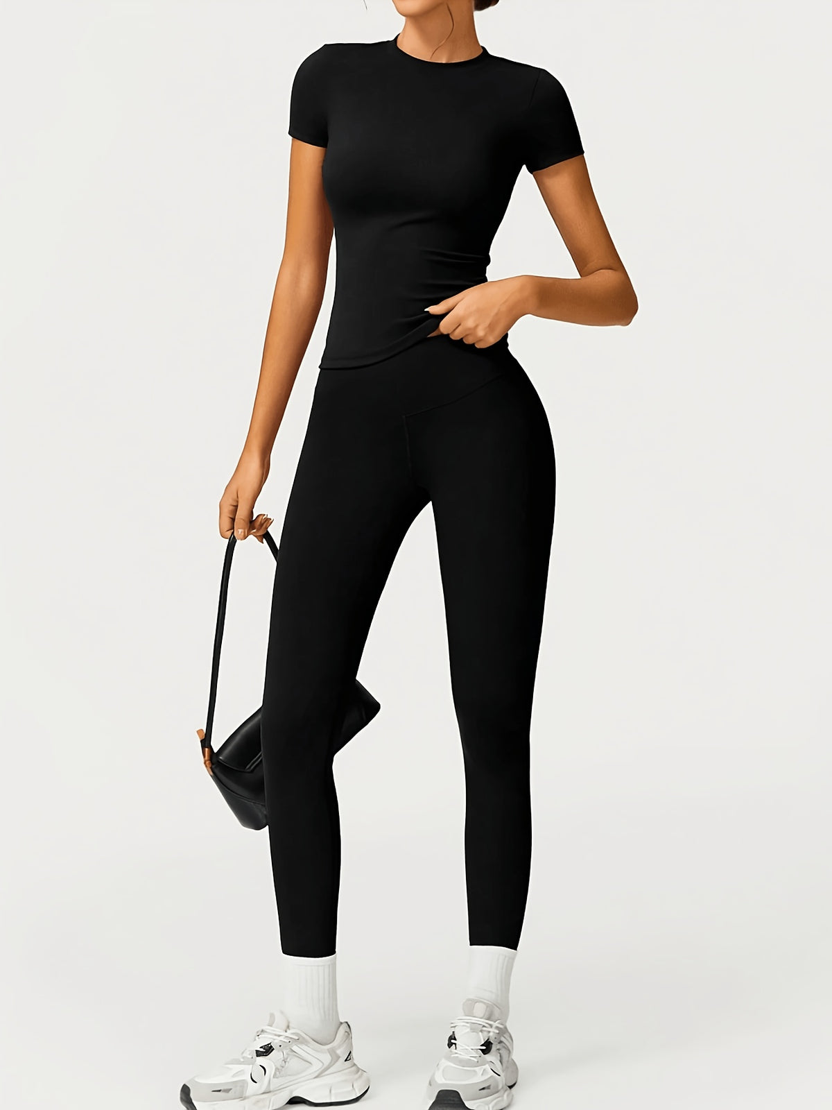 Slim Round Neck Top & Lifting Leggings Set - Black