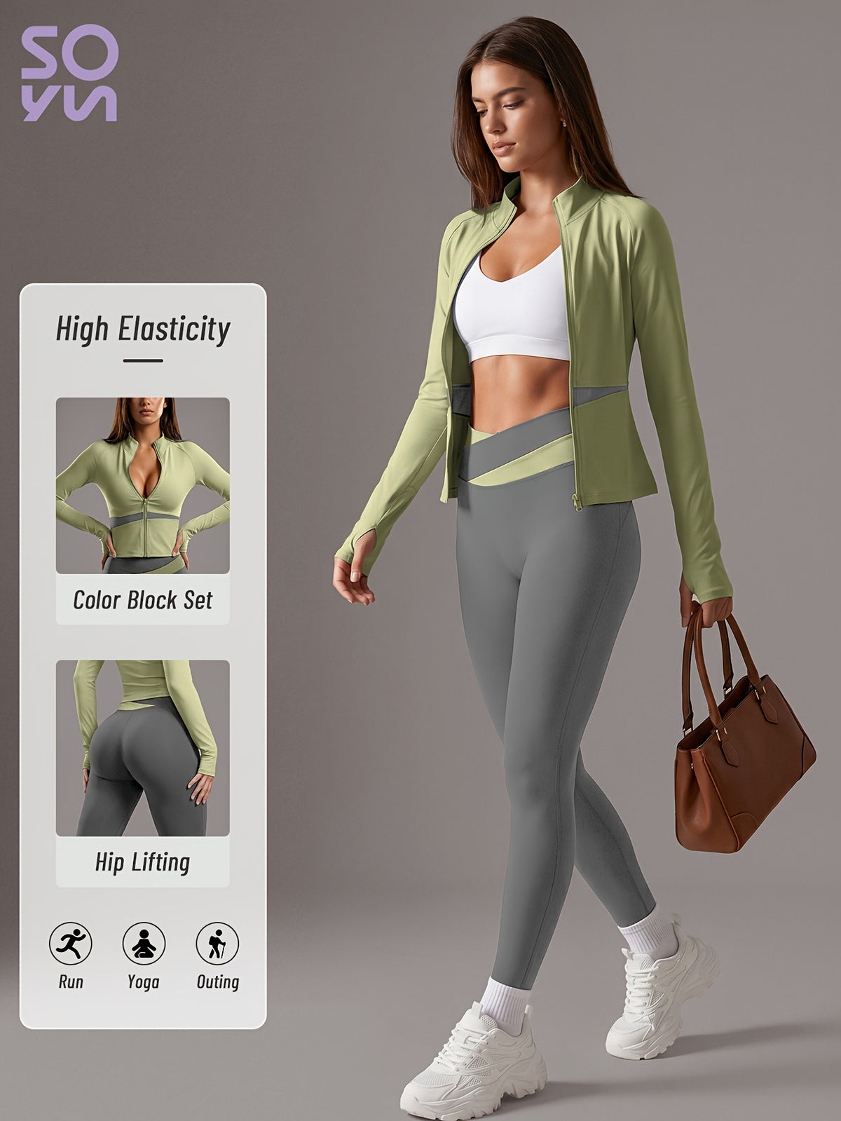Color Block Cardigan Jacket & Slim Pants Set - Light Green & Grey