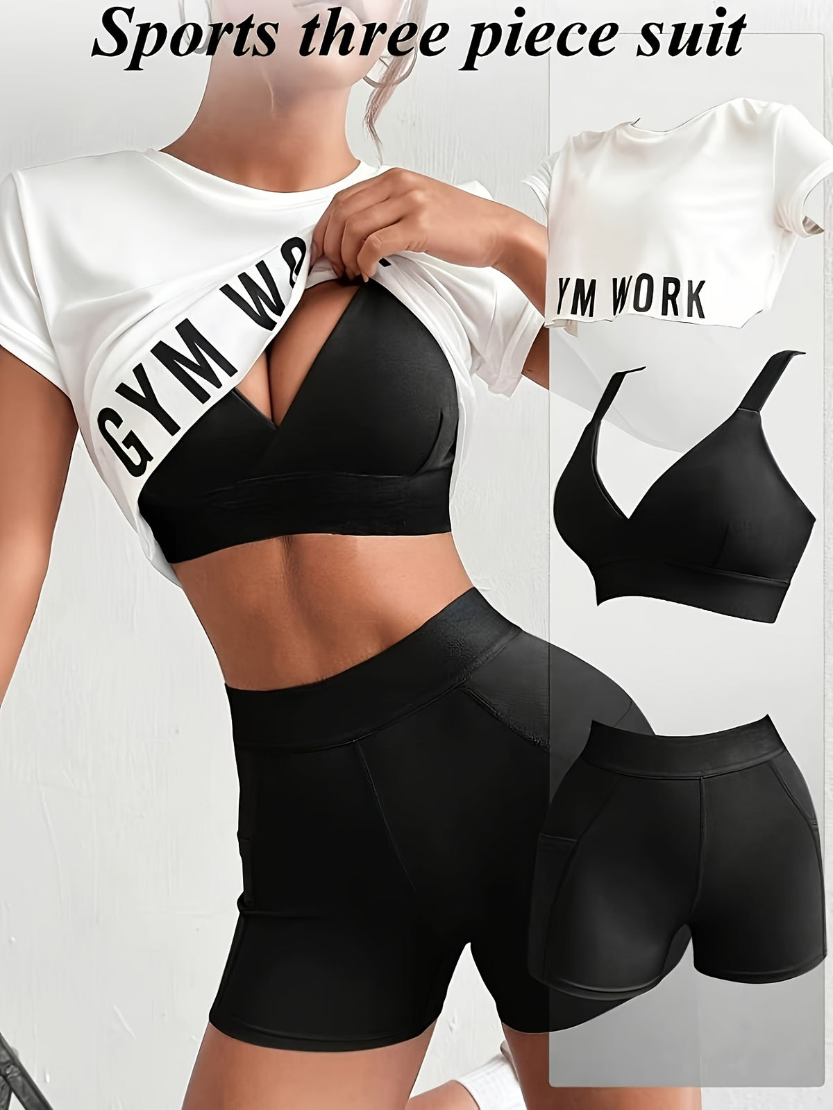 V Neck Bra & Letter Tee 3 Piece Set - Black And White