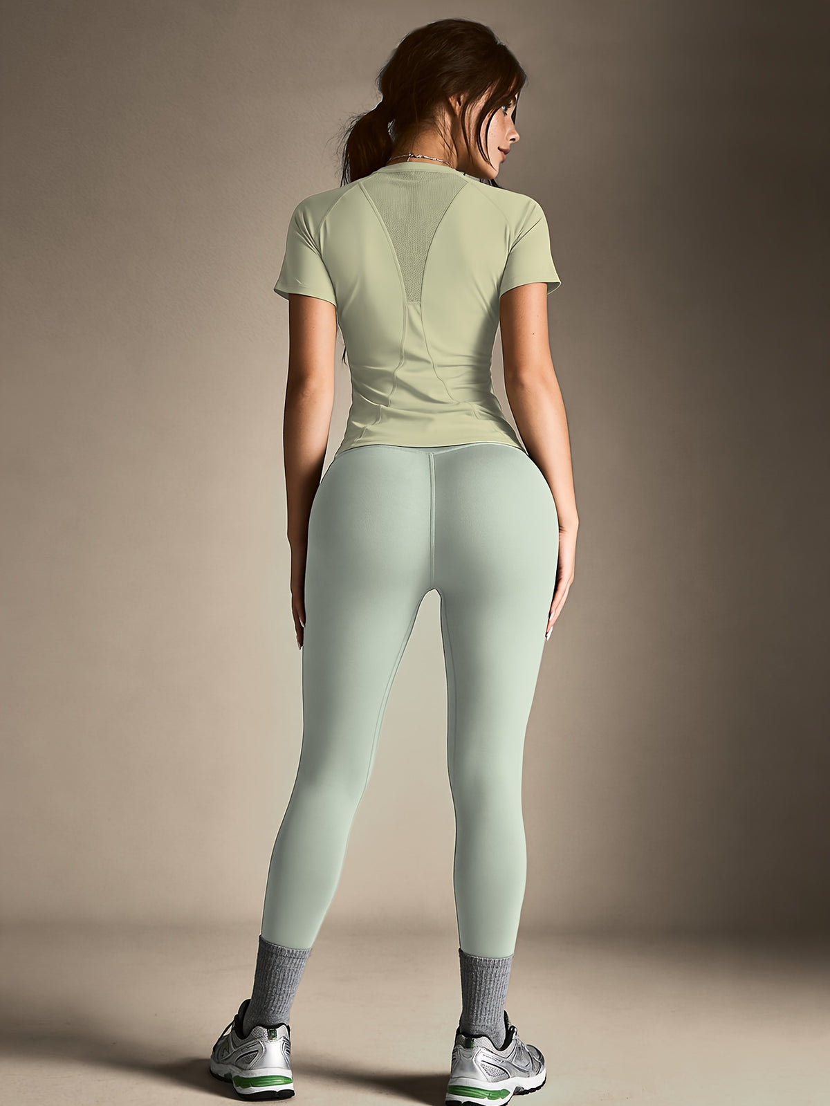 Mesh Cutout Tee & High Waist Leggings Set - Light Green & Yellow Green