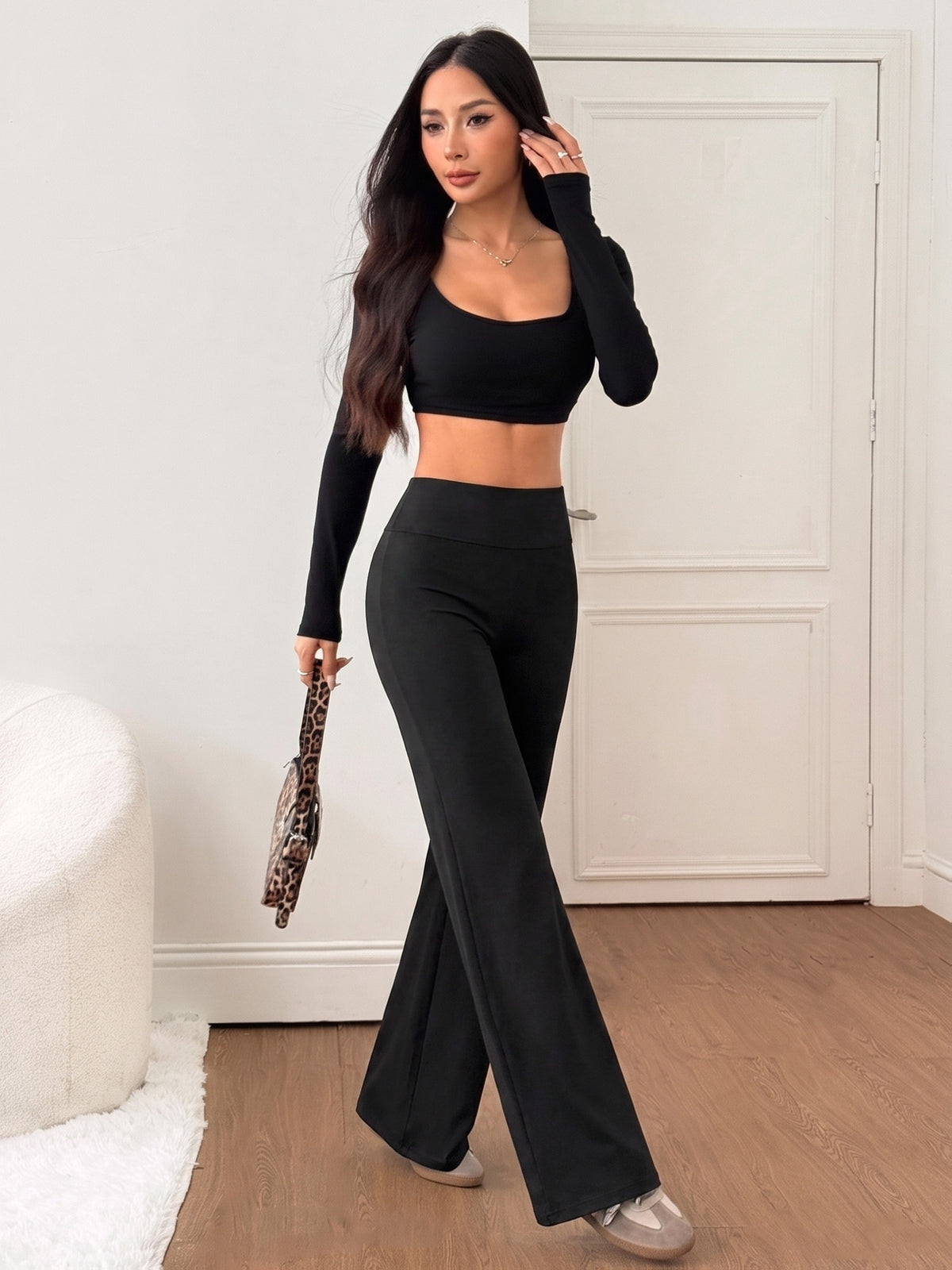 High Waist Straight Leg Yoga Pants - Black