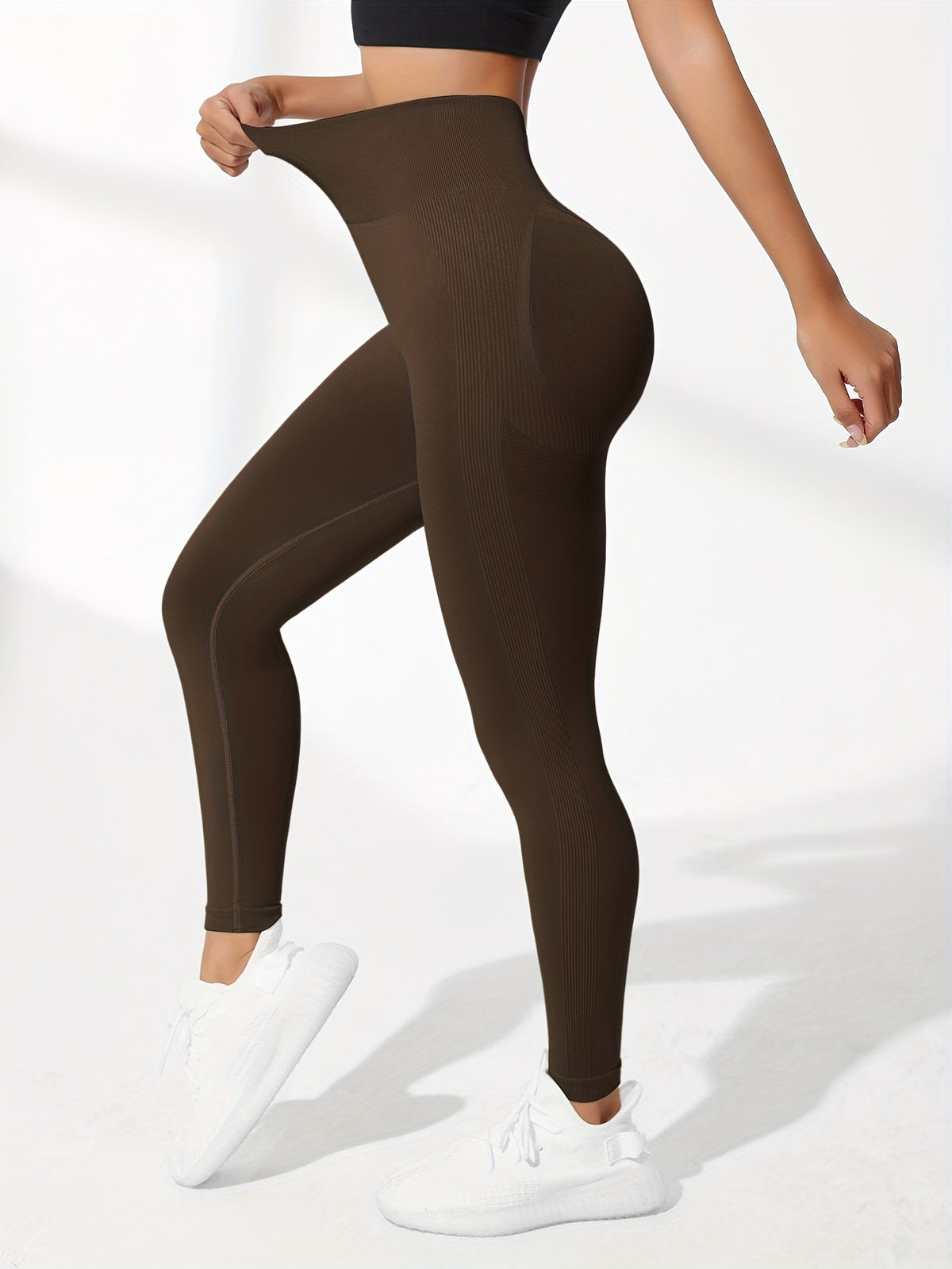 Tummy Control Wide Waistband Leggings - Dark Brown