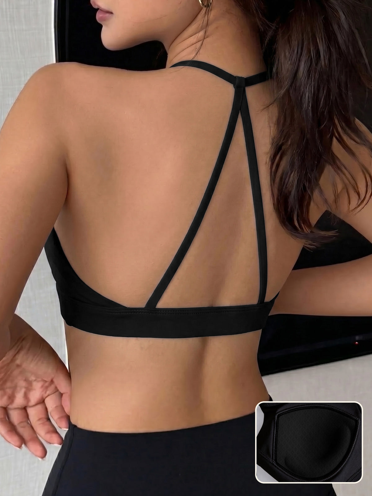 Backless Thin Strap Sports Bra - Black