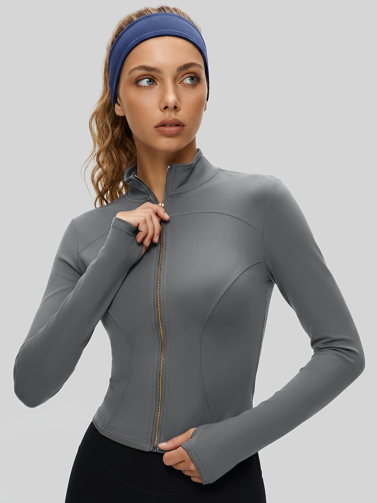 Cropped Thumbhole Zip Jacket - Grey