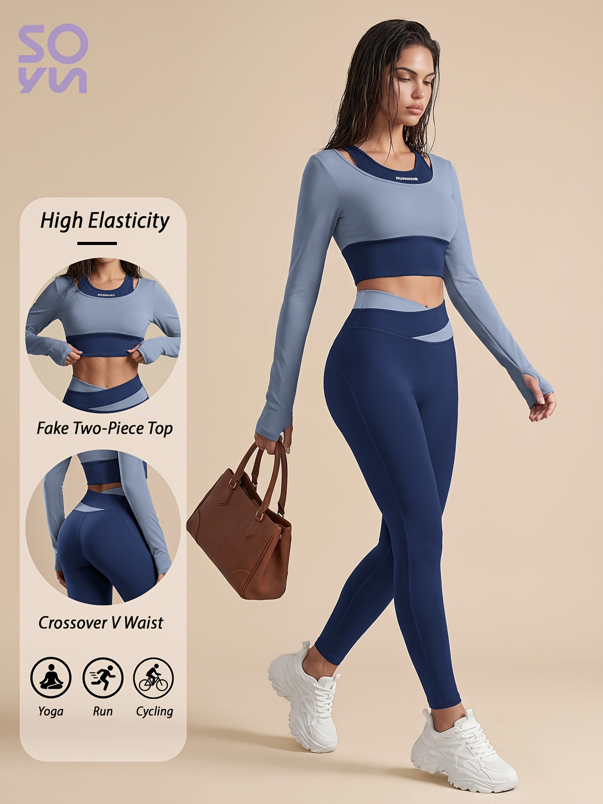 Faux Two-Piece Contrast Top & Leggings Set - Light Blue & Navy Blue