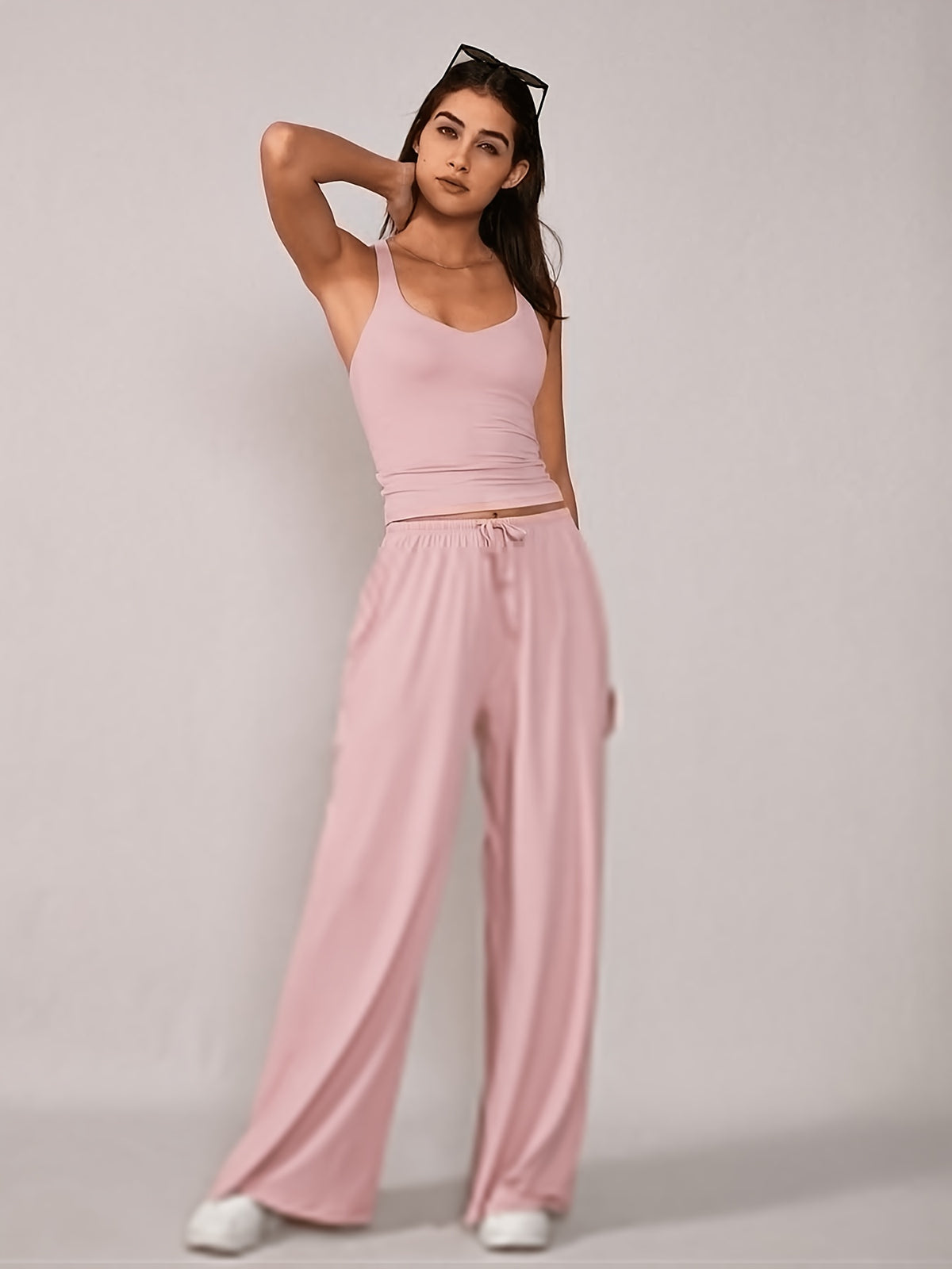 Racerback Tank & Wide Leg Pants Set - Light Pink