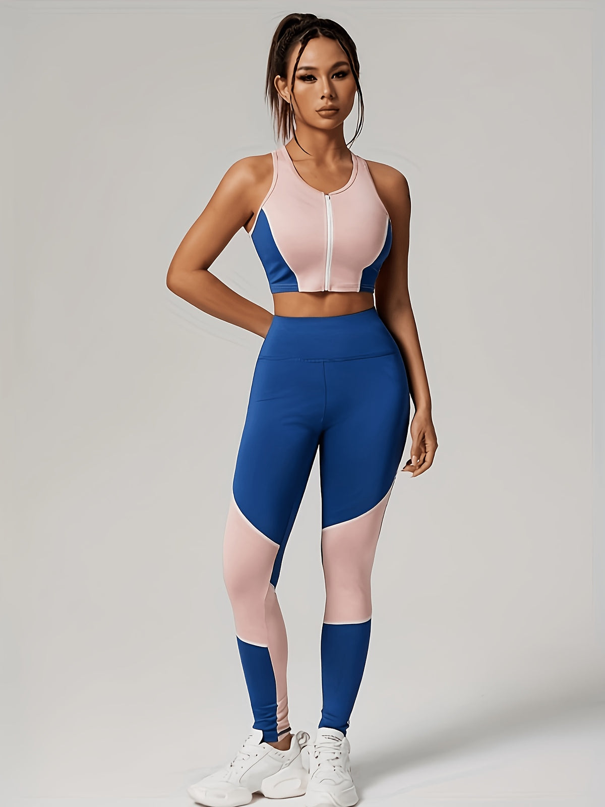 Colour Block Zip Crop Tank & Leggings Set - Blue Pink