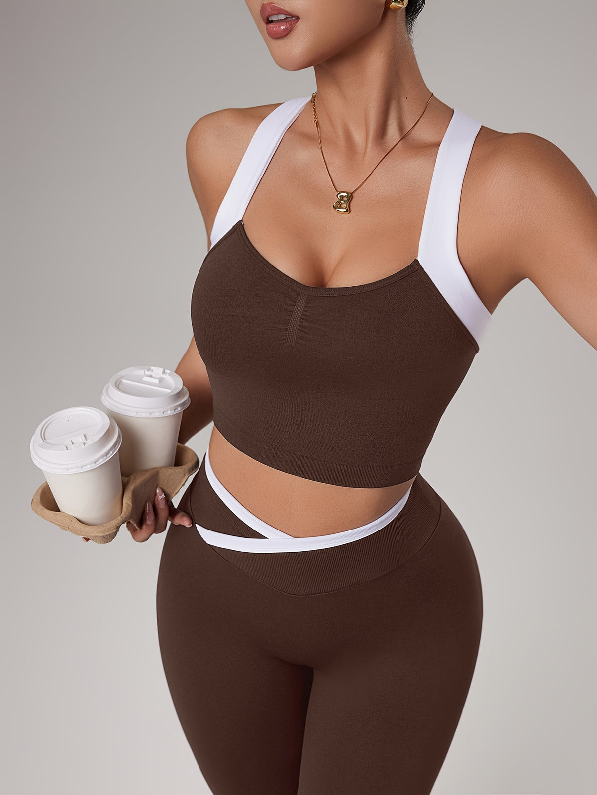 Cross Strap Bra & Leggings Set - Brown