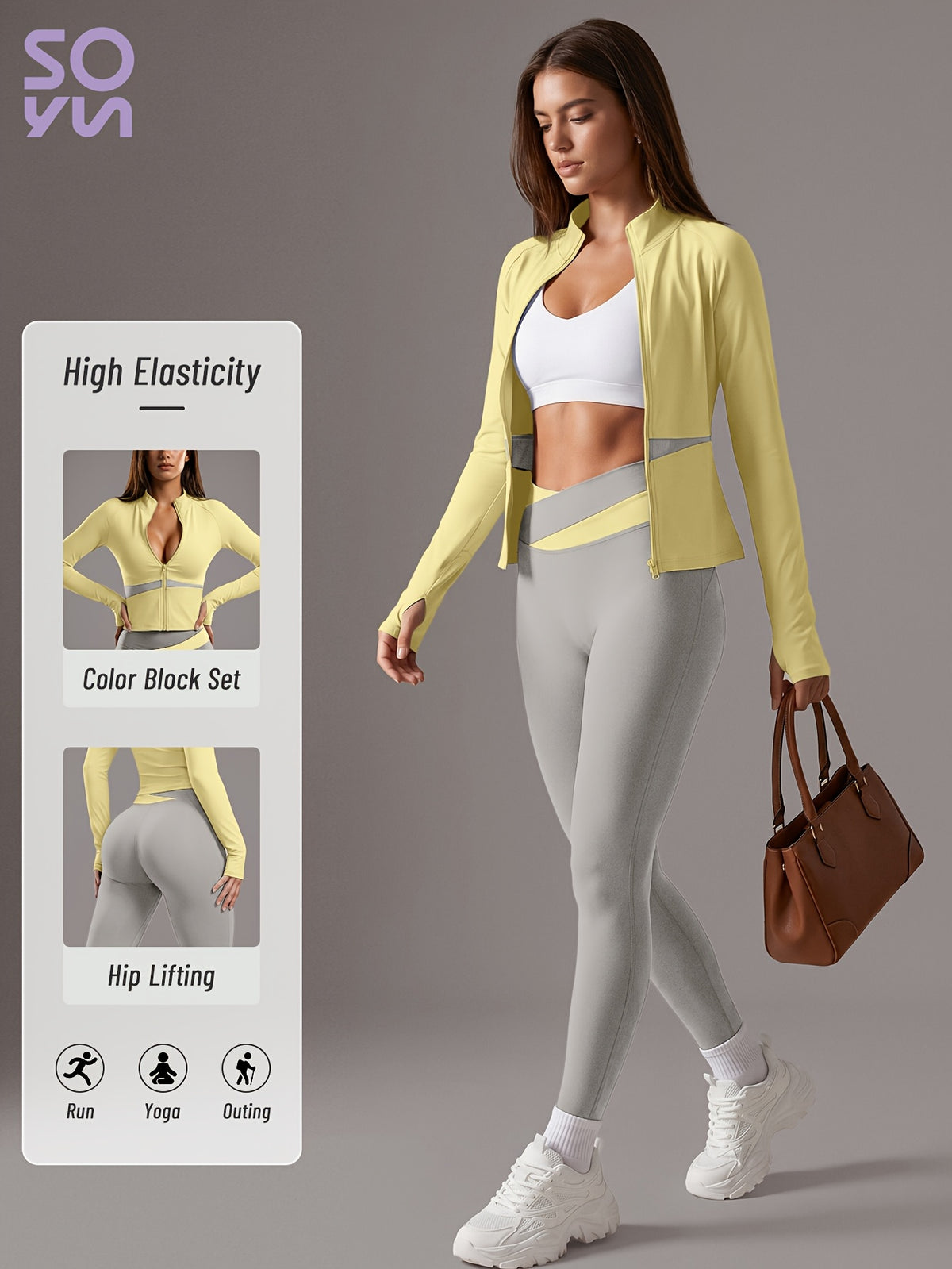 Color Block Cardigan Jacket & Slim Pants Set - Yellow & Light Grey