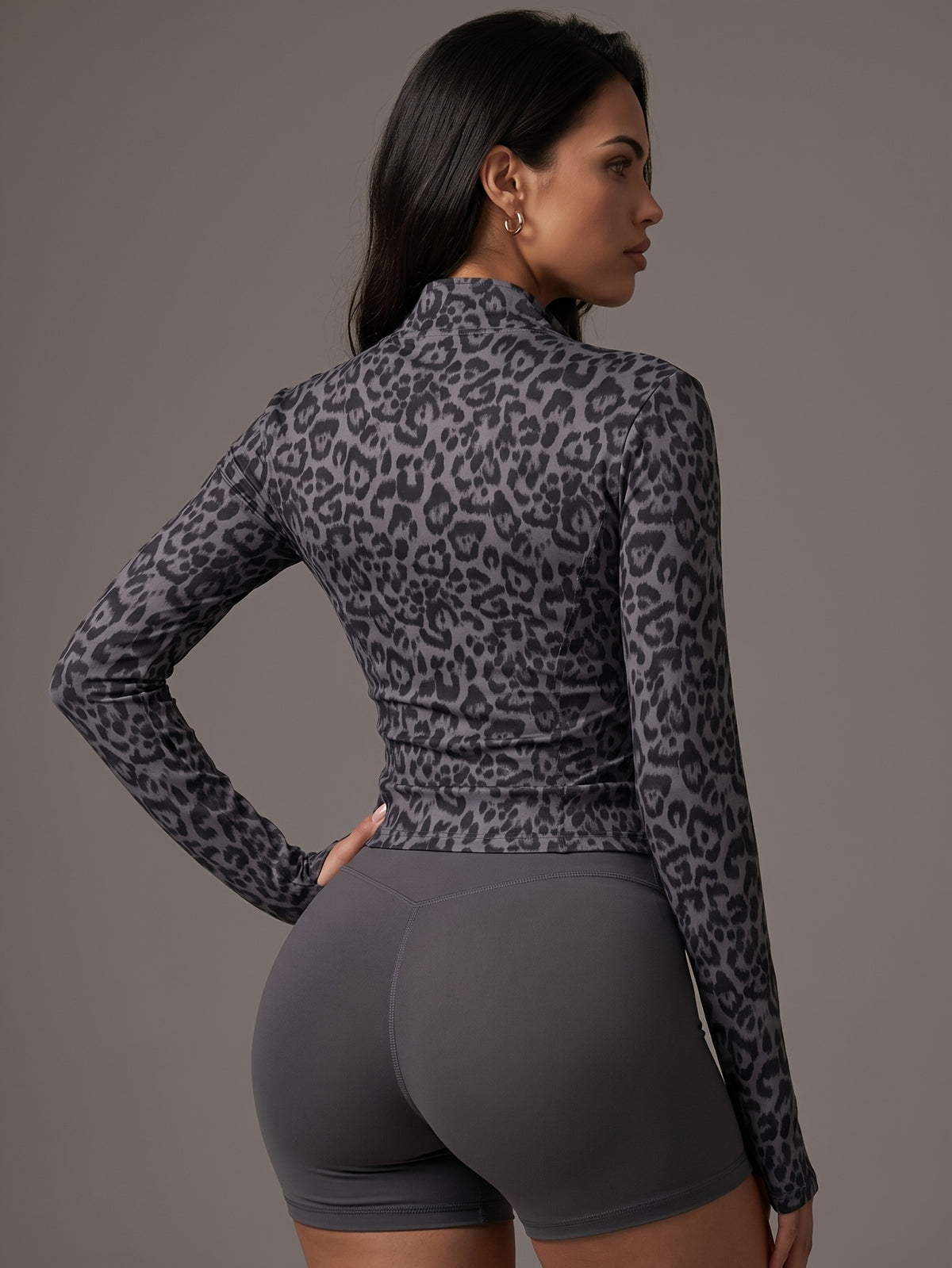 Leopard Print Zip Up Jacket - Dark Gray