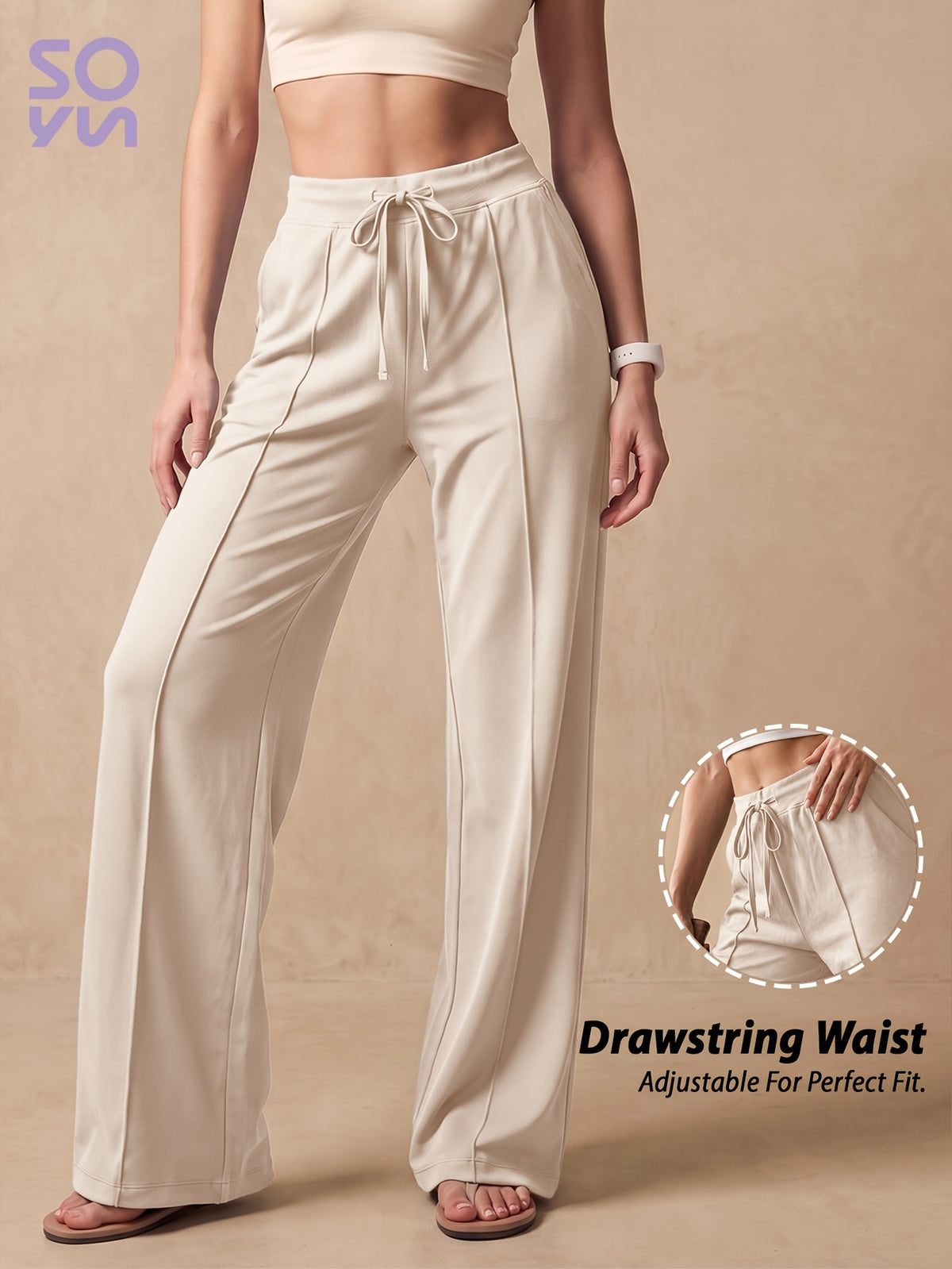 Drawstring Wide Leg Pocket Yoga Pants - Milky