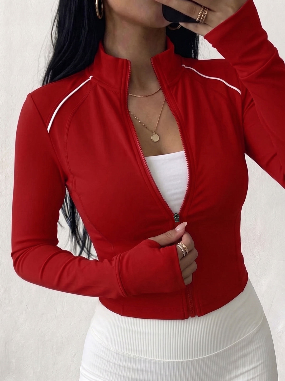 Contrast Line Cropped Zip Jacket - Burgundy