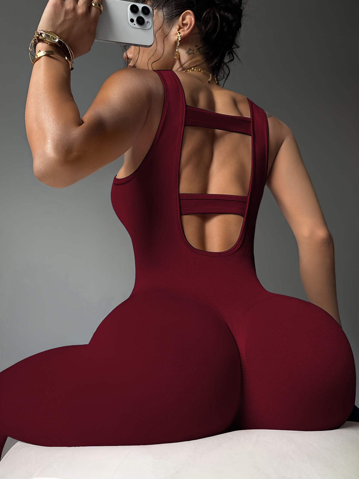 Open Back Square Neck Jumpsuit - Burgundy