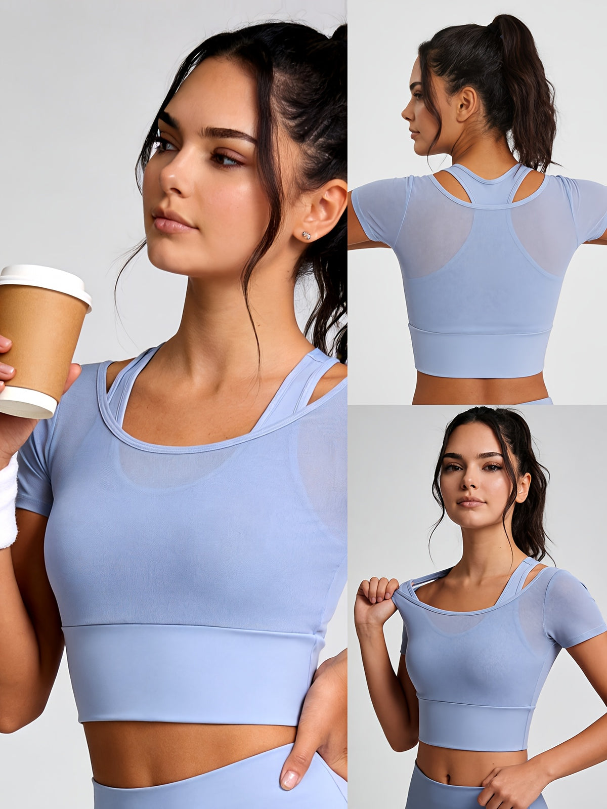 Mesh Panel Padded Short Sleeve Tee - Light Blue