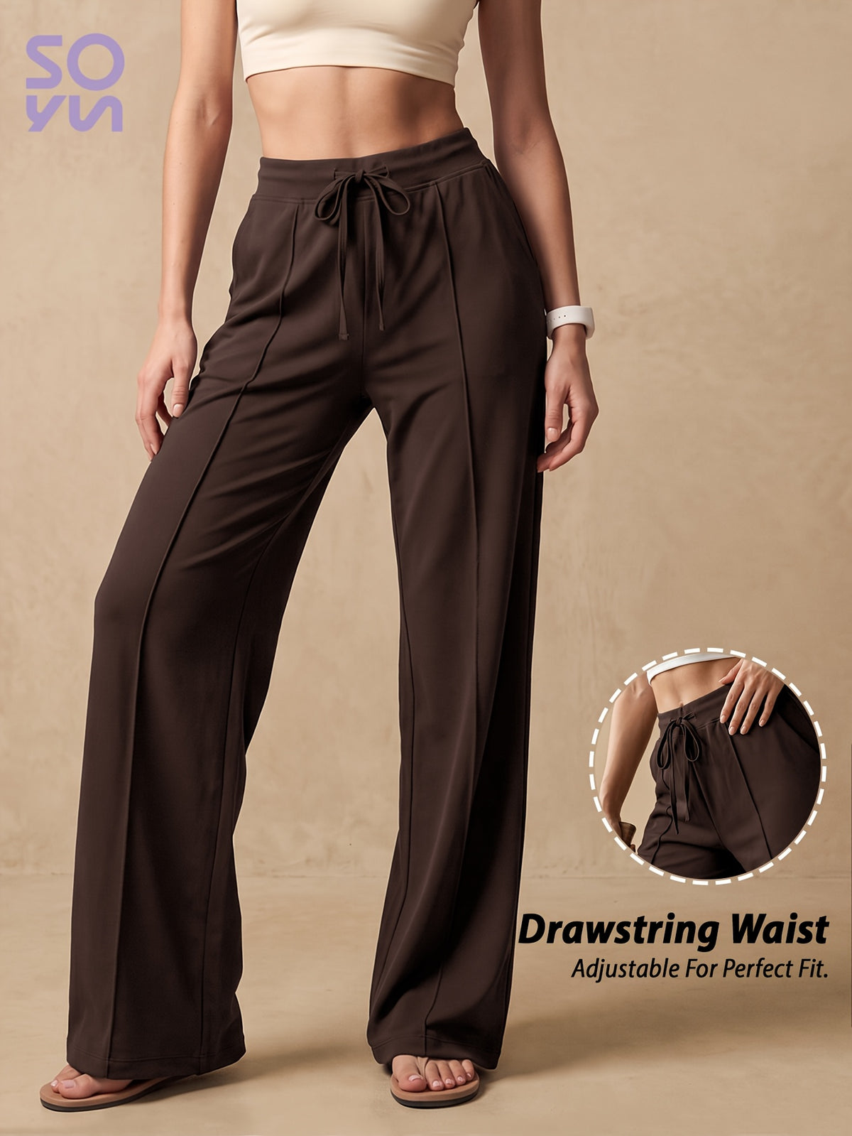 Drawstring Wide Leg Pocket Yoga Pants - Coffee